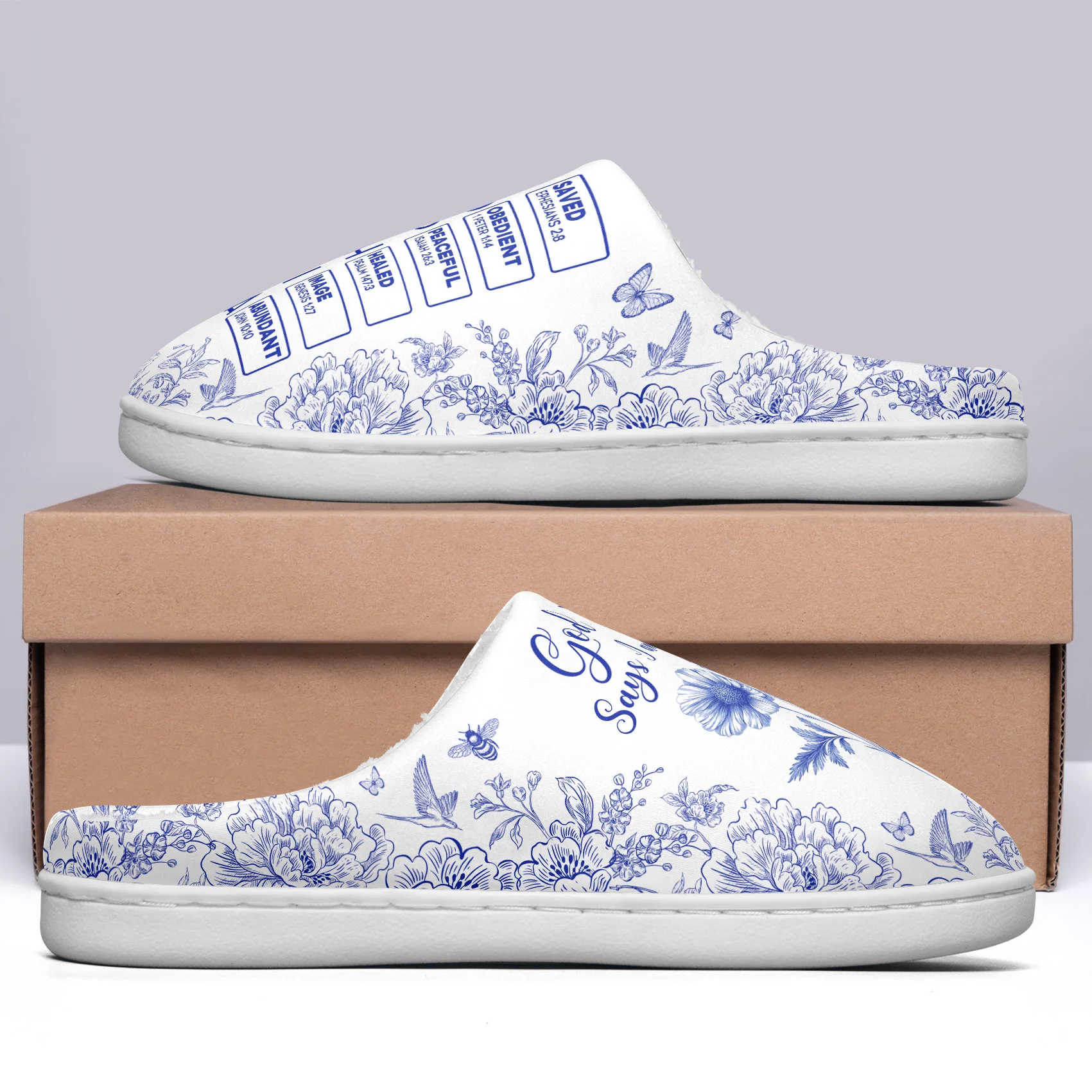 God Says I Am Name Letter In Bible Toile De Jouy Style - Personalized Slippers - Image 4