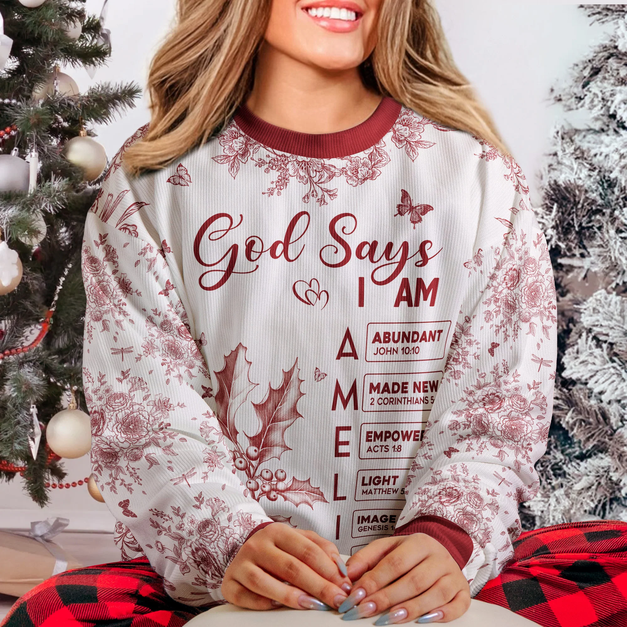 God Says I Am Name Letter In Bible Toile De Jouy Style - Personalized Ugly Sweater - Image 2