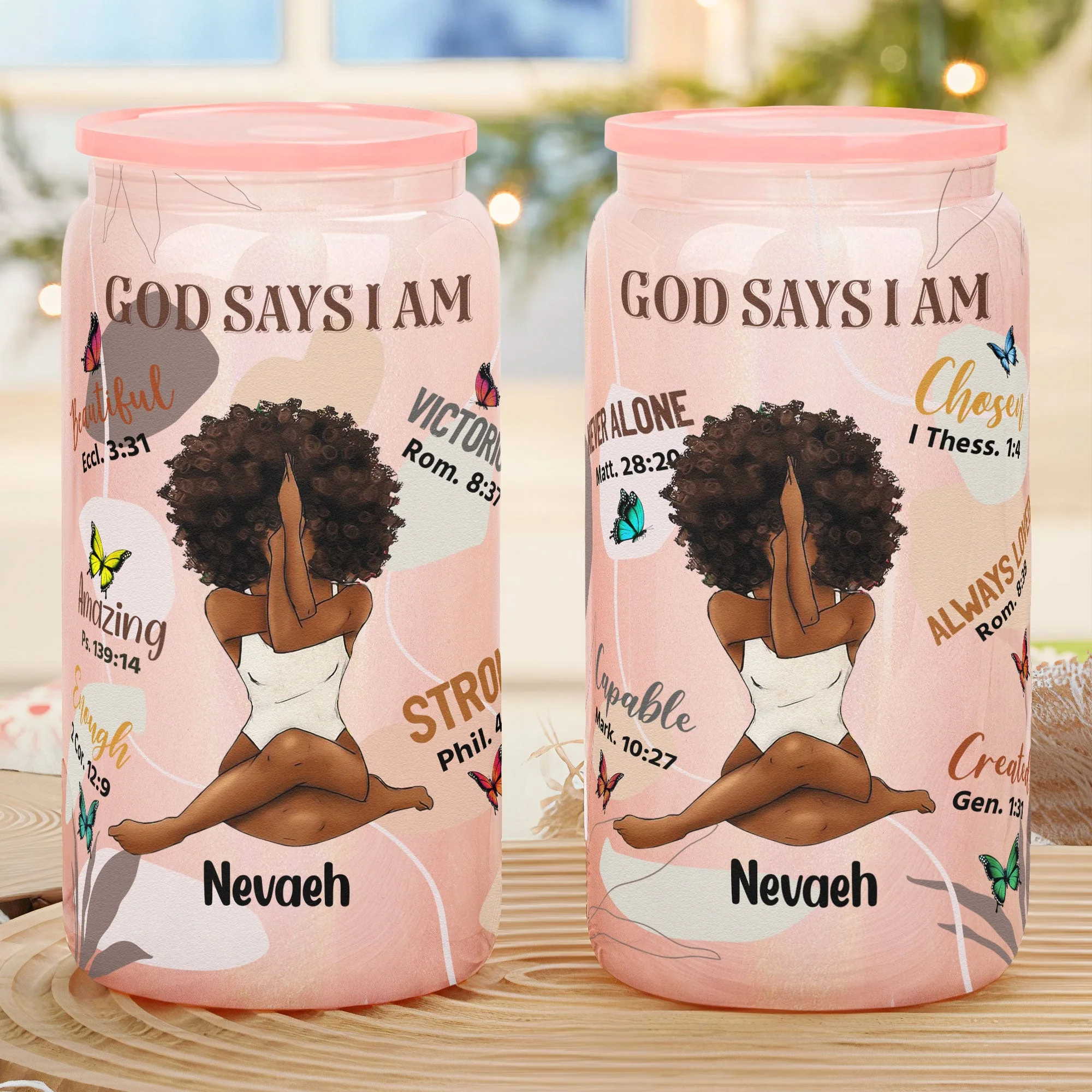 God Says I Am - Personalized Shimmer Glass Can - Image 2