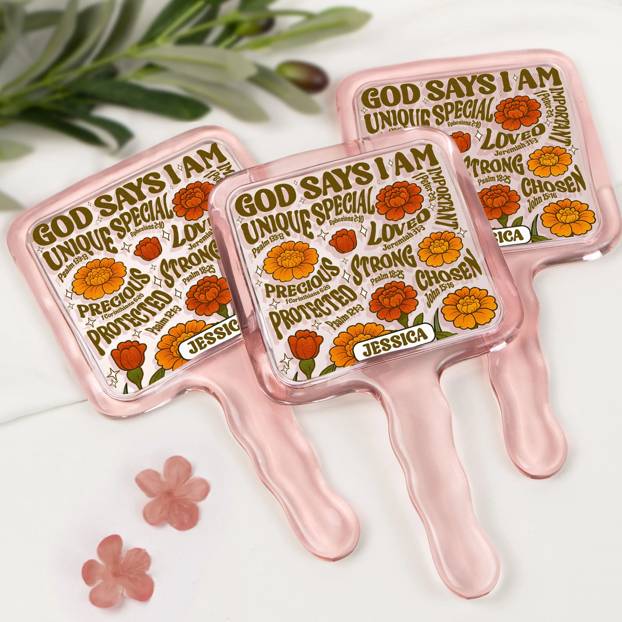 God Says I Am Retro Birth Flower Style - Personalized Handheld Mirror - Image 3