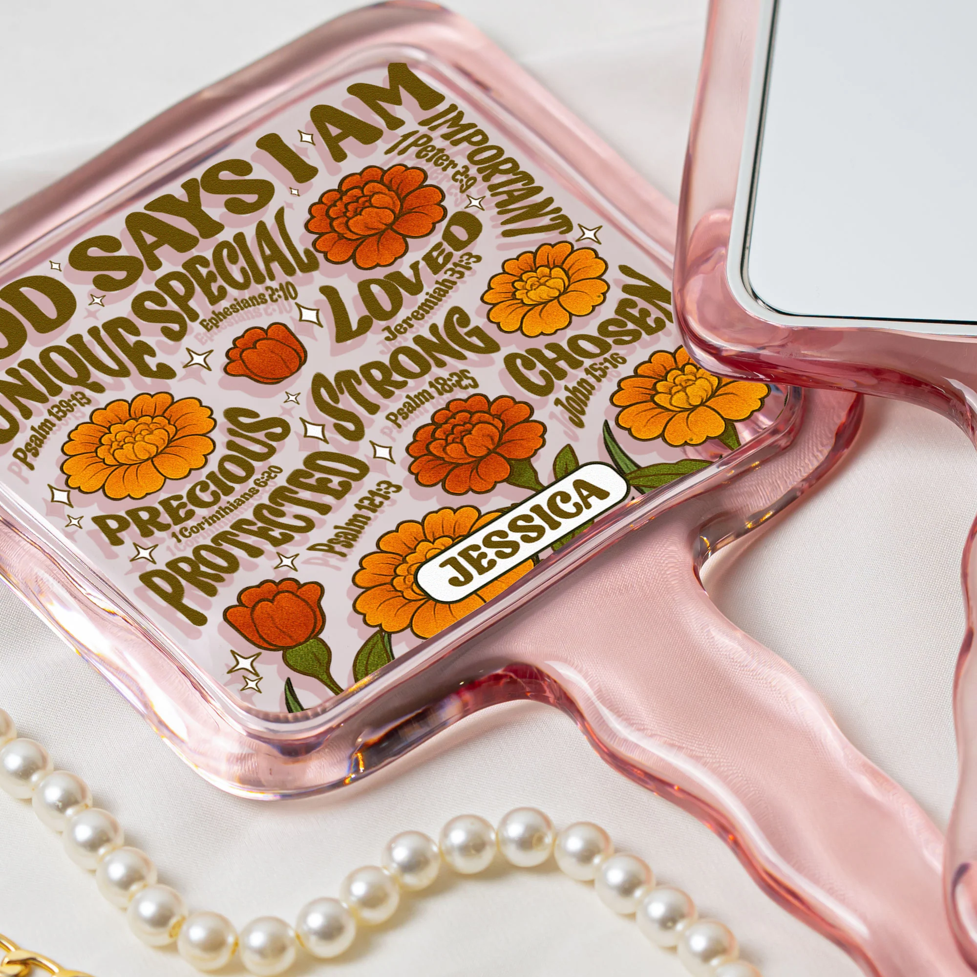 God Says I Am Retro Birth Flower Style - Personalized Handheld Mirror - Image 4
