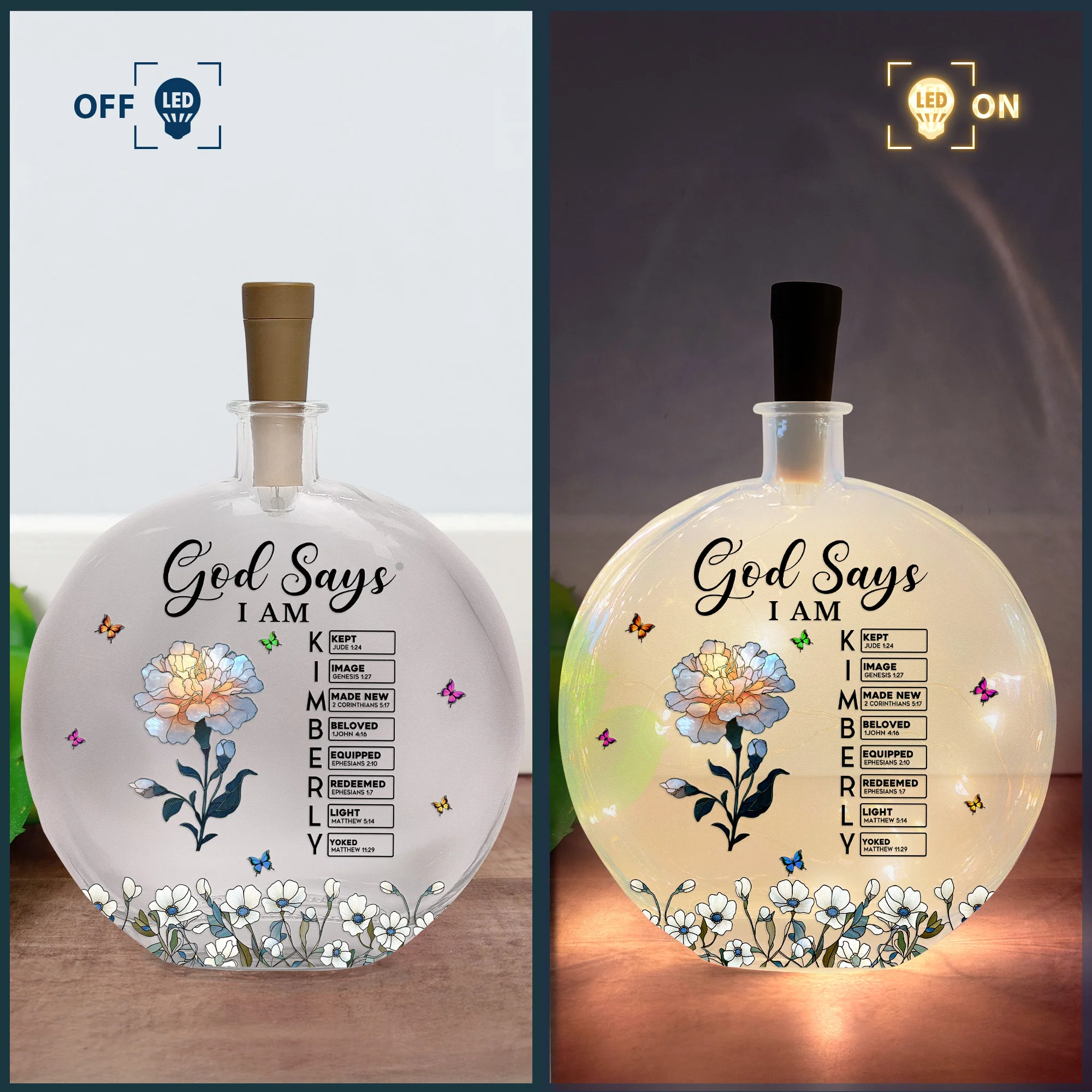 God Says I Am With Name Letter In Bible - Personalized Round Flat Bottle Light - Image 6