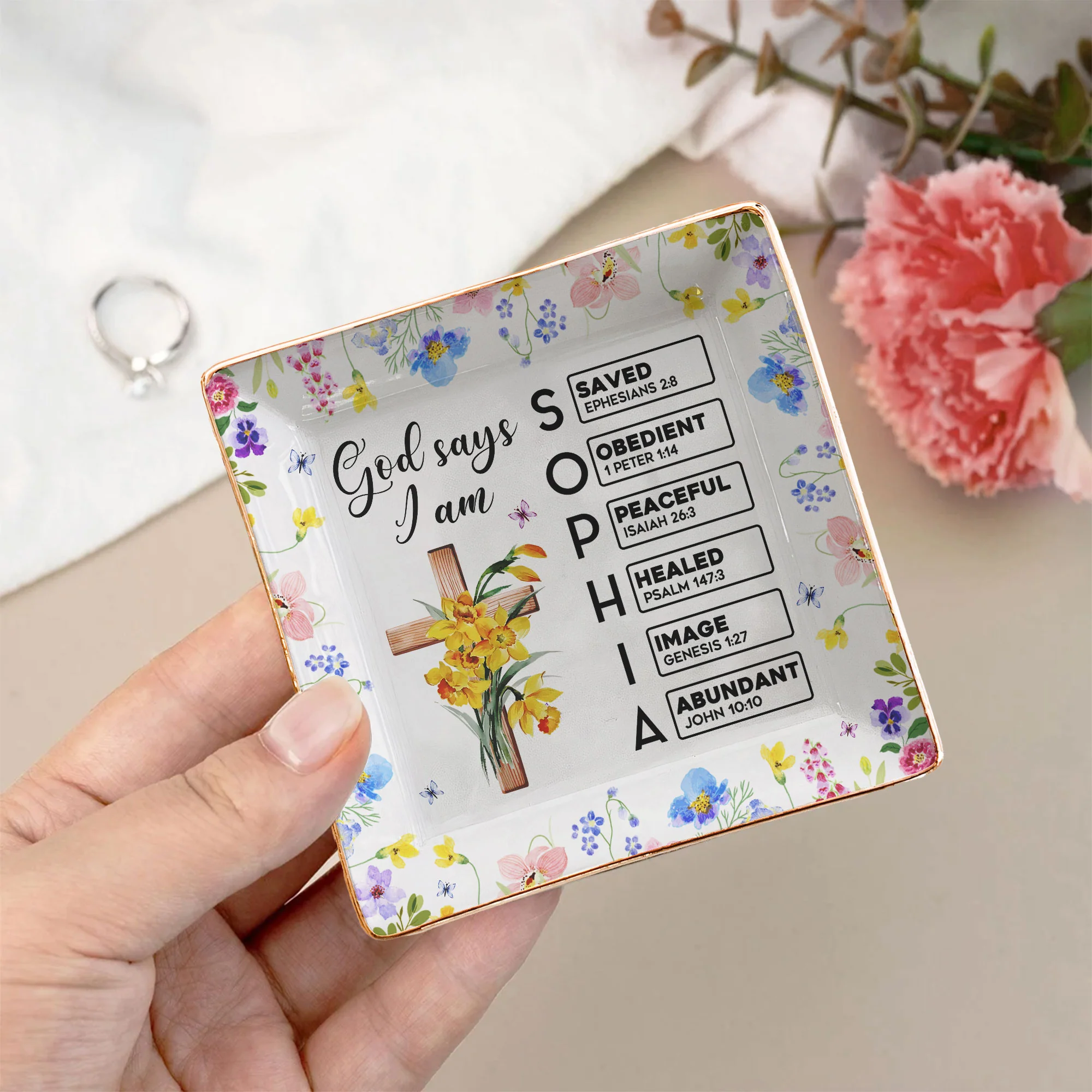 God Says I Am With Name Letter In Scripture - Personalized Jewelry Dish - Image 3
