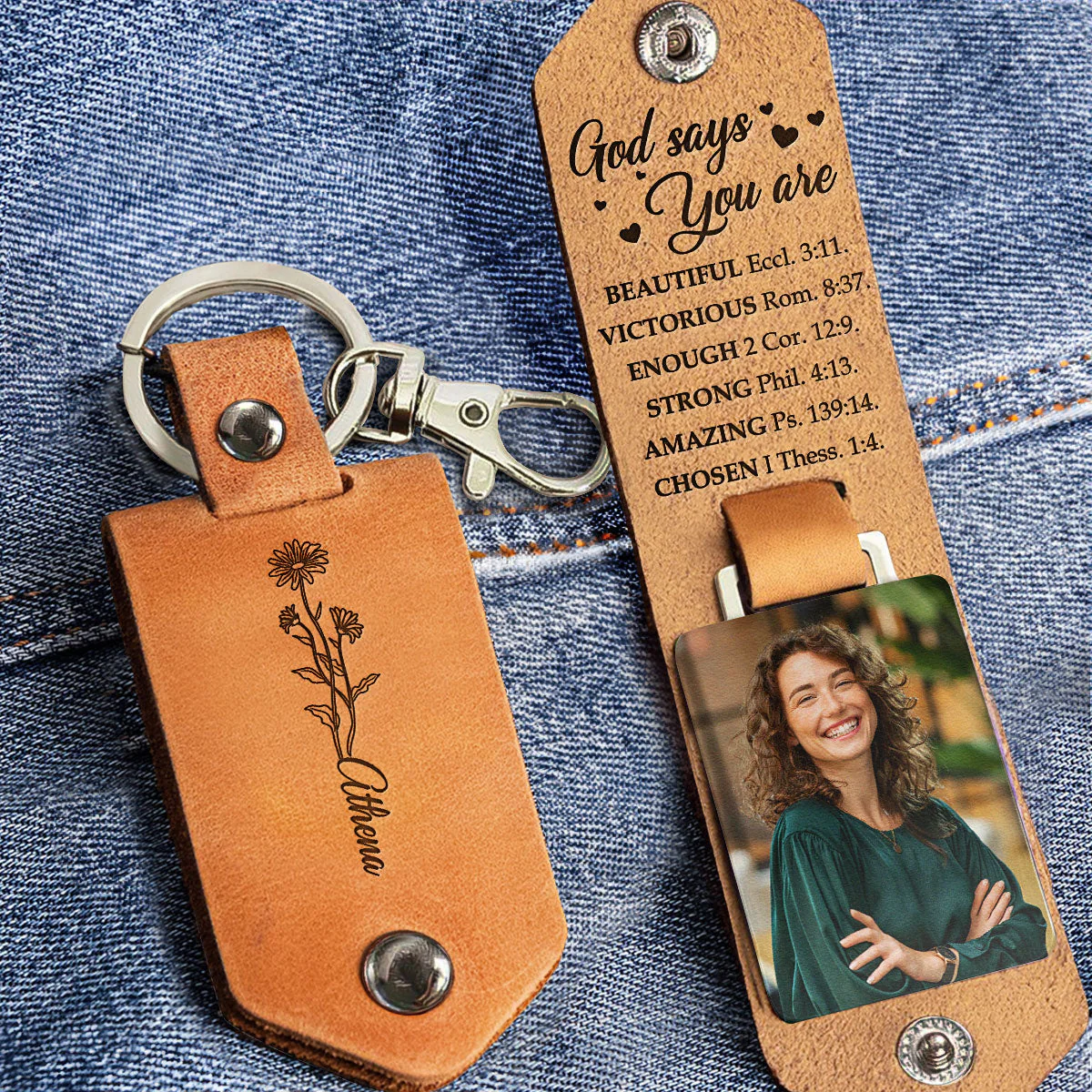 God Says You Are Beautiful Loved Reminders - Personalized Leather Photo Keychain - Image 2