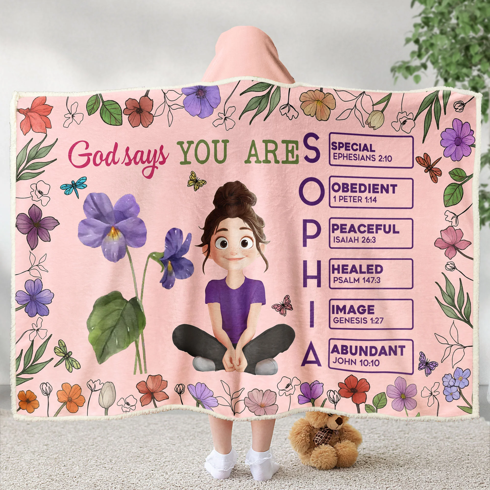 God Says You Are Cartoon Custom Name Letter In Bible - Personalized Wearable Blanket Hoodie - Image 4