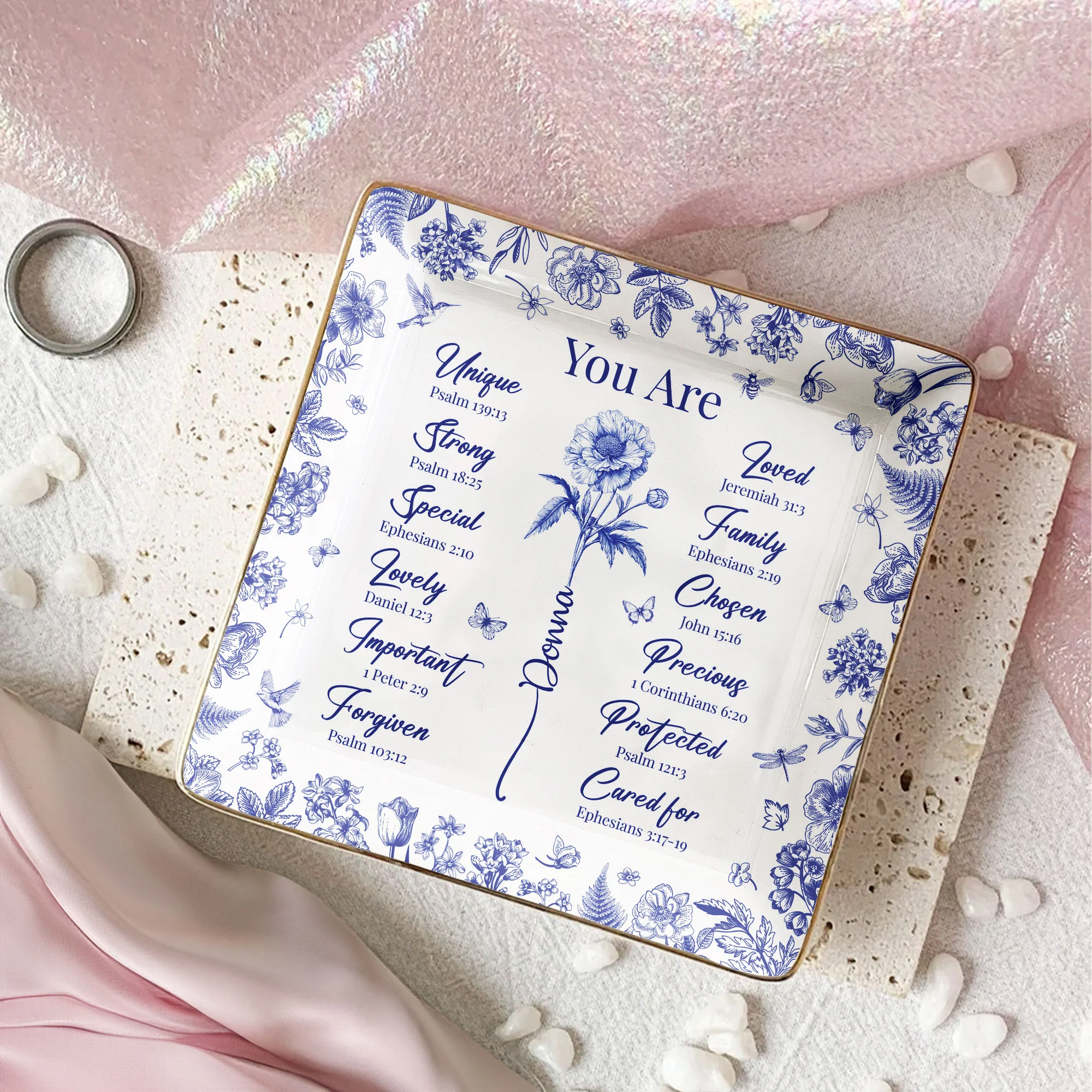 God Says You Are Christian Gift Toile De Jouy Birth Flower - Personalized Jewelry Dish - Image 2
