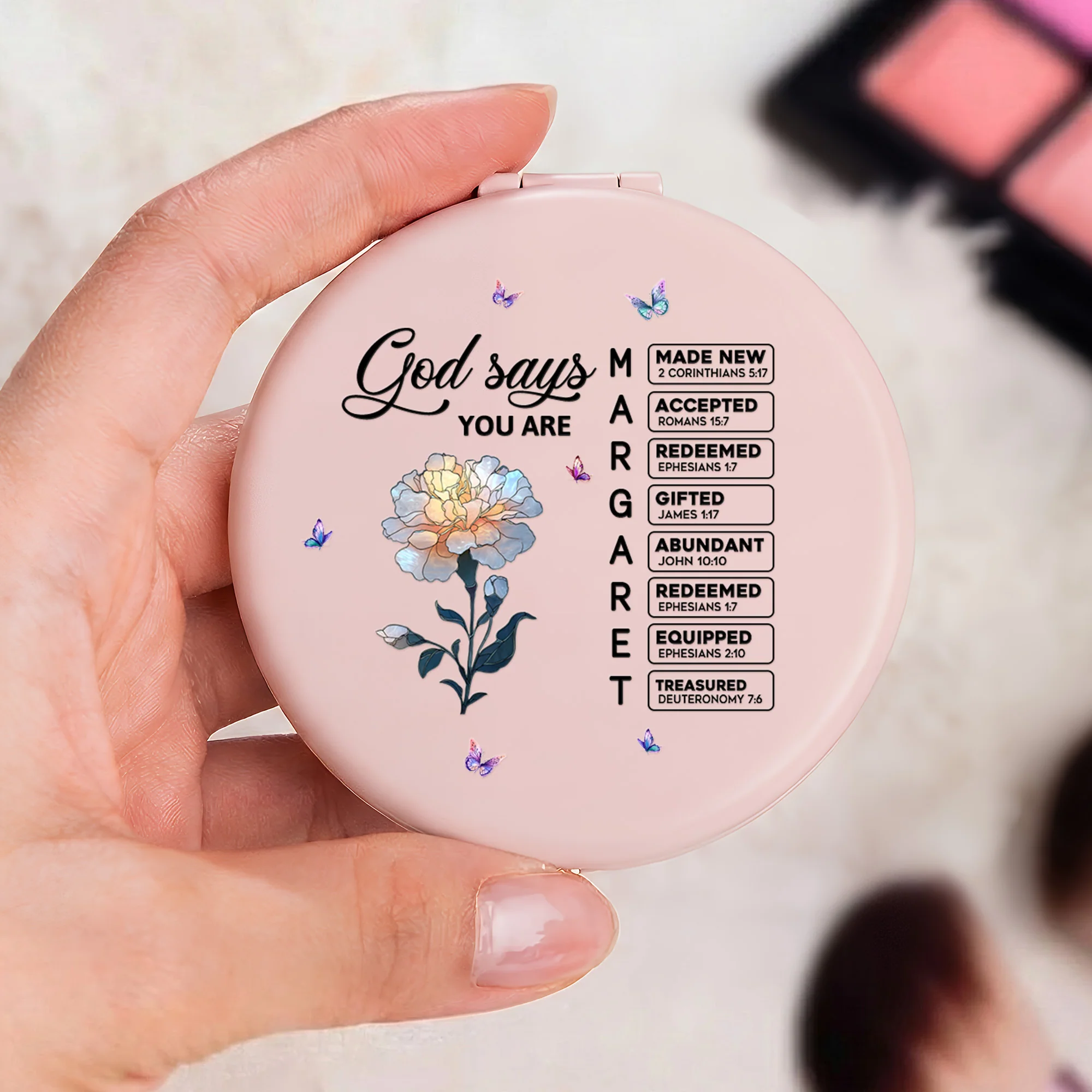 God Says You Are - Christian Gifts For Her, Custom Name With Bible Verses - Personalized Compact Mirror - Image 3