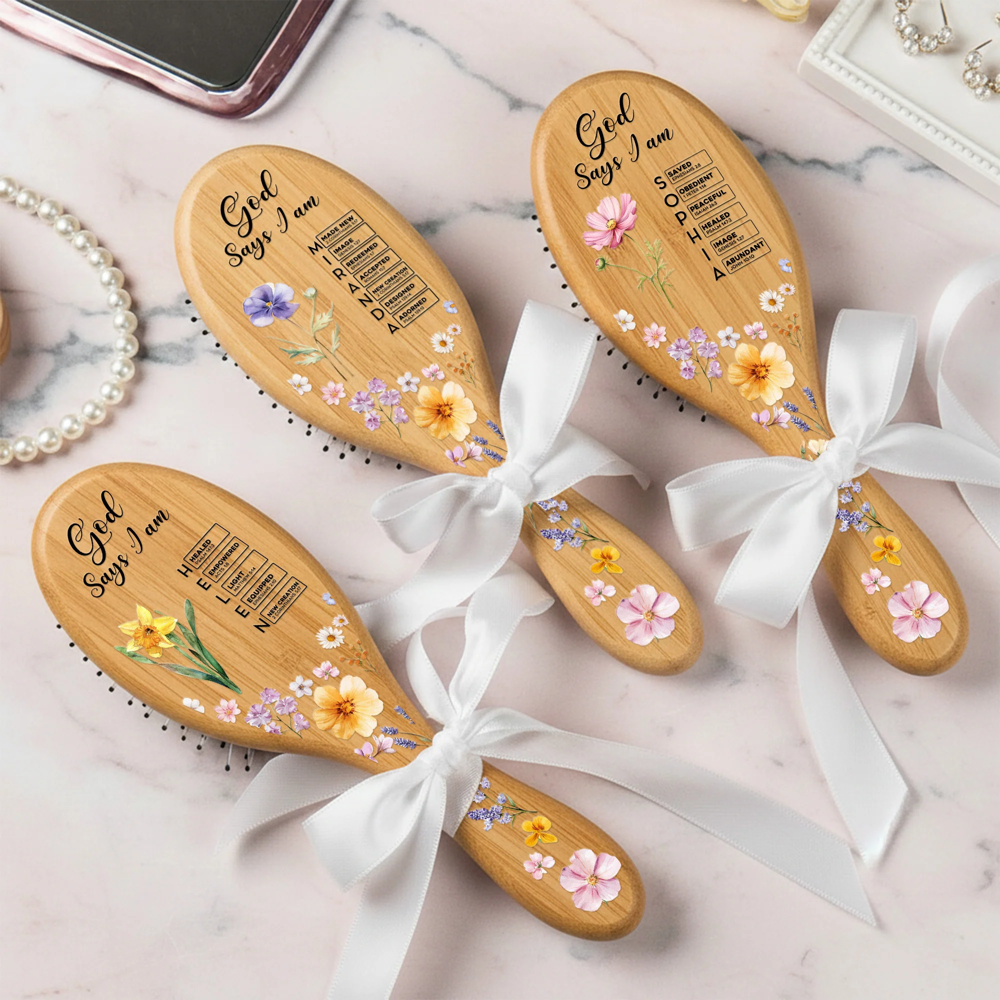 God Says You Are - Custom Birth Flower & Name With Bible Verse - Personalized Hair Brush - Image 4