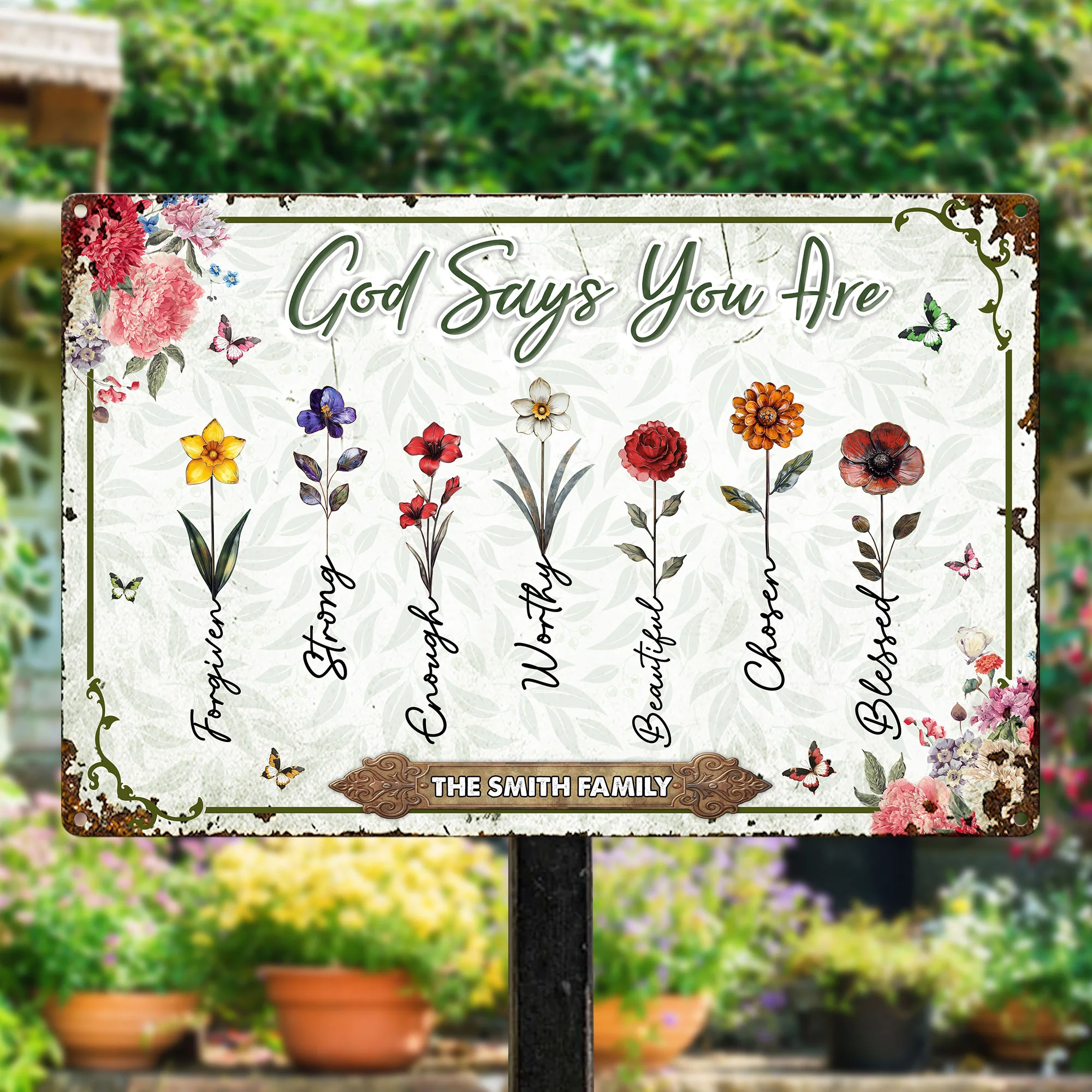 God Says You Are Floral Version - Personalized Metal Sign - Image 2