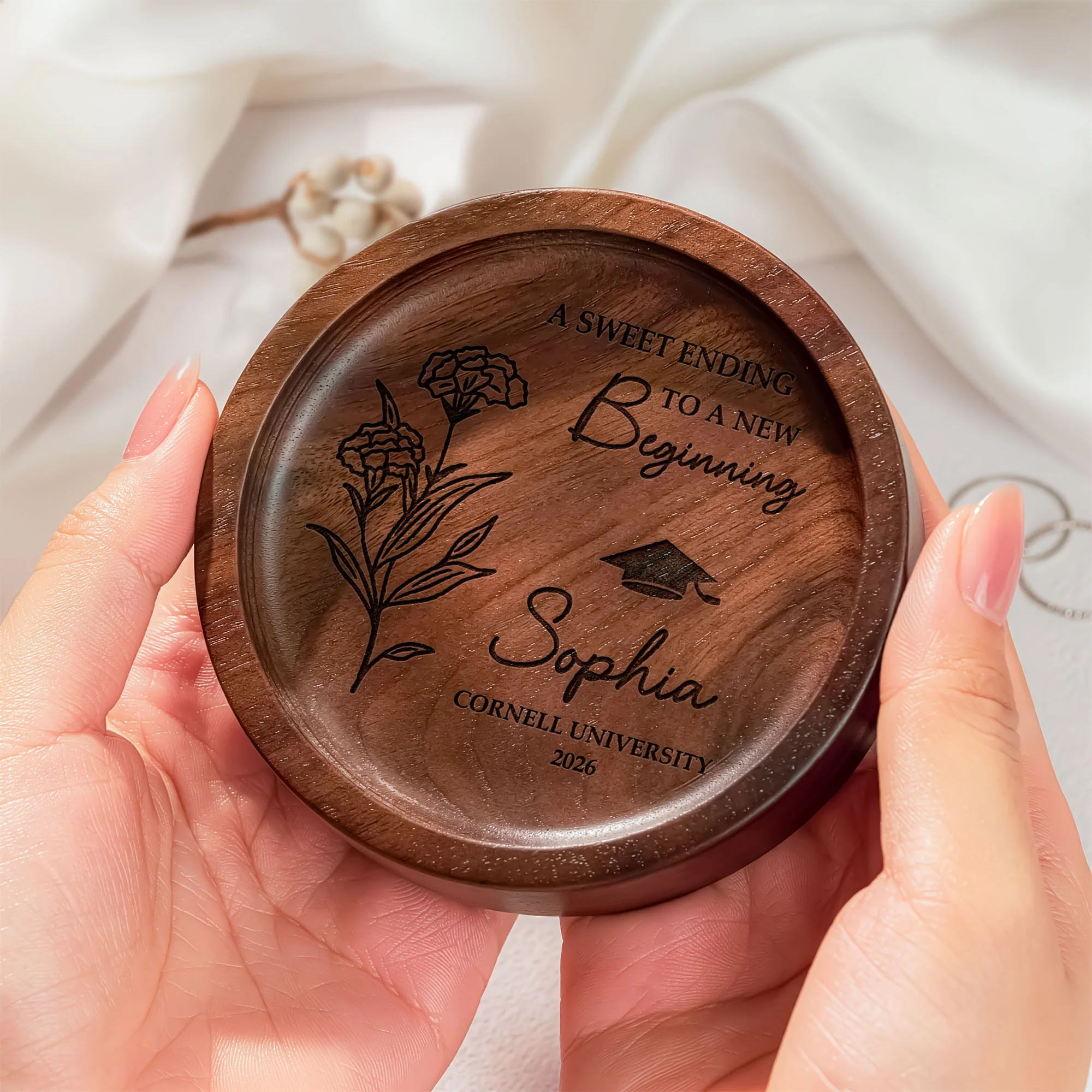 Graduation Gift For Her - Custom Birth Flowers - Personalized Wood Ring Dish - Image 3