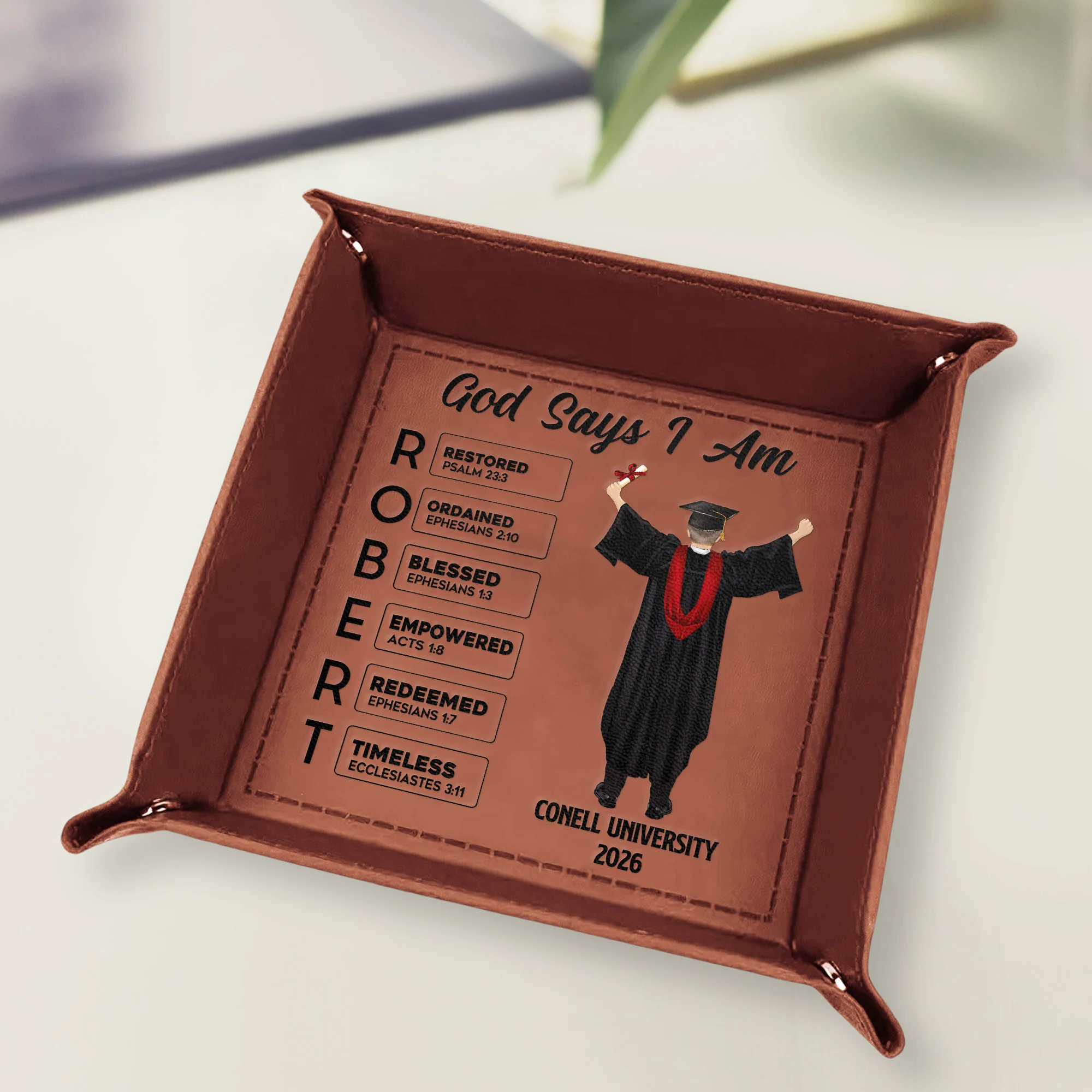 Graduation Gift For Him - God Says You Are - Personalized Leather Valet Tray - Image 2