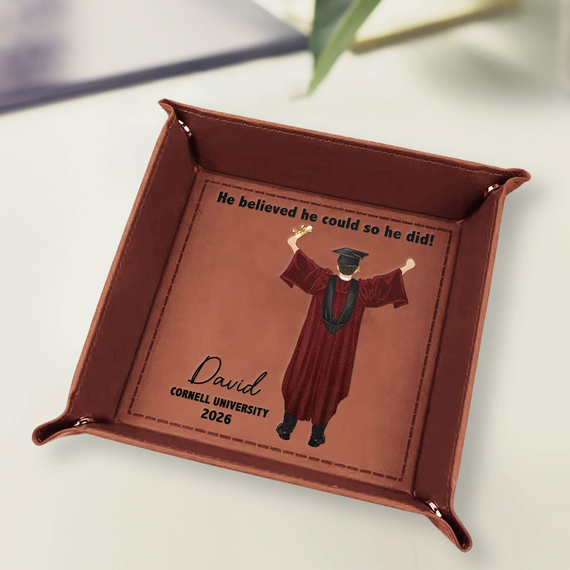 Graduation Gift He Believed He Could So He Did! - Personalized Leather Valet Tray - Image 2