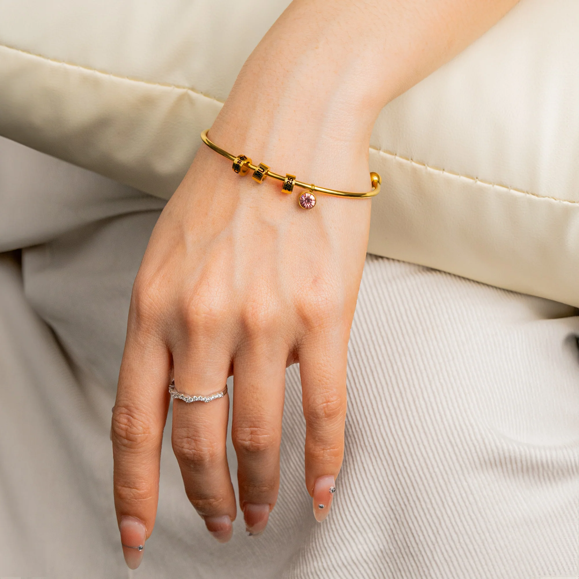 Graduation Gift - Personalized Engravable Bead Name Cuff Bracelet With Birthstone - Image 3