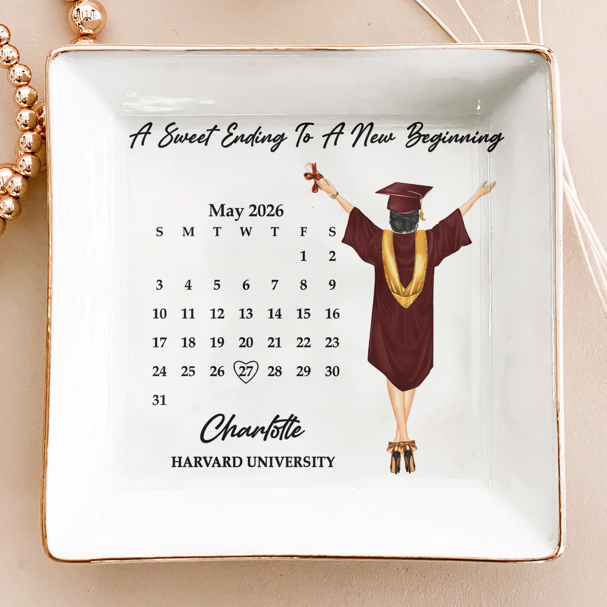 Graduation Trinket Tray A Sweet Ending To A New Beginning New Version - Personalized Jewelry Dish - Image 2