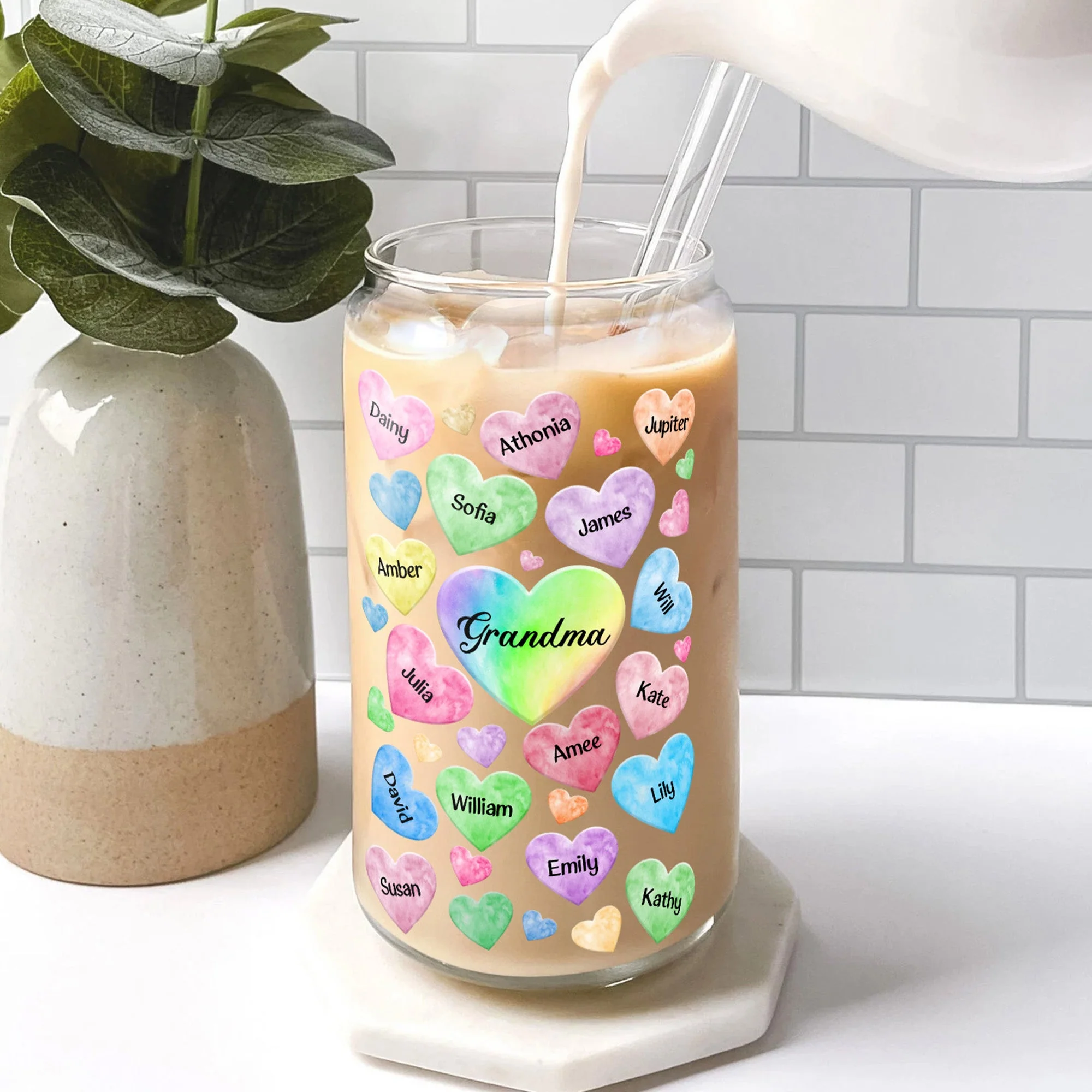 Grandkids Hearts Custom With Names - Personalized Clear Glass Cup - Image 4