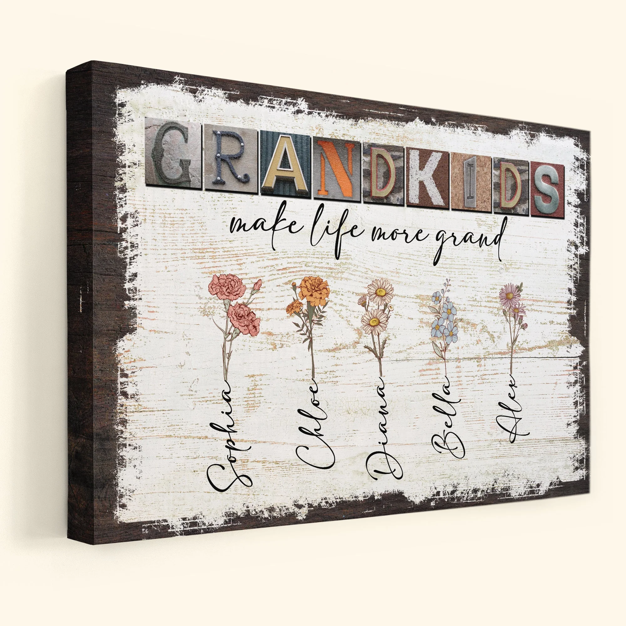 Grandkids Make Life More Grand - Personalized Wrapped Canvas - Birth Month Flowers - Image 2