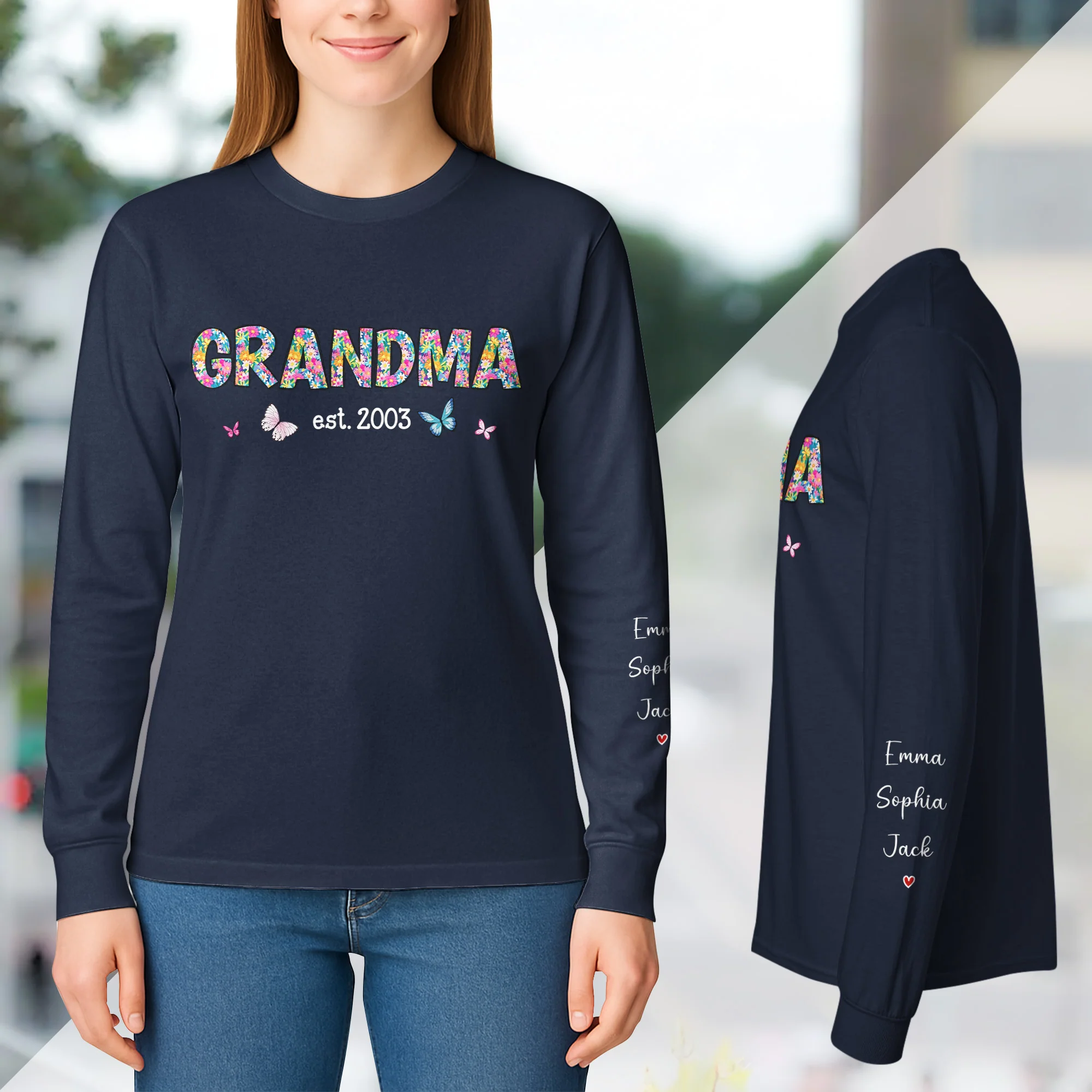 Grandma Floral Name On Sleeve - Custom Long Sleeve T-Shirt - Image 6