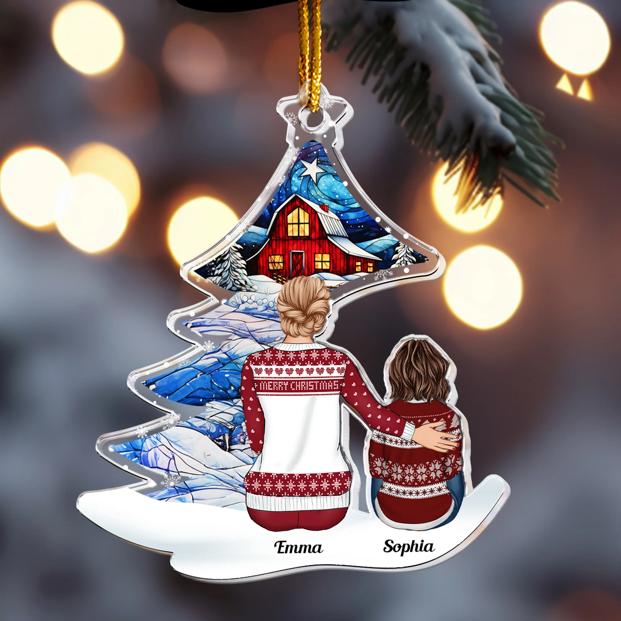 Grandma & Grandkids Sitting Under Christmas Tree - Personalized Acrylic Ornament - Image 2