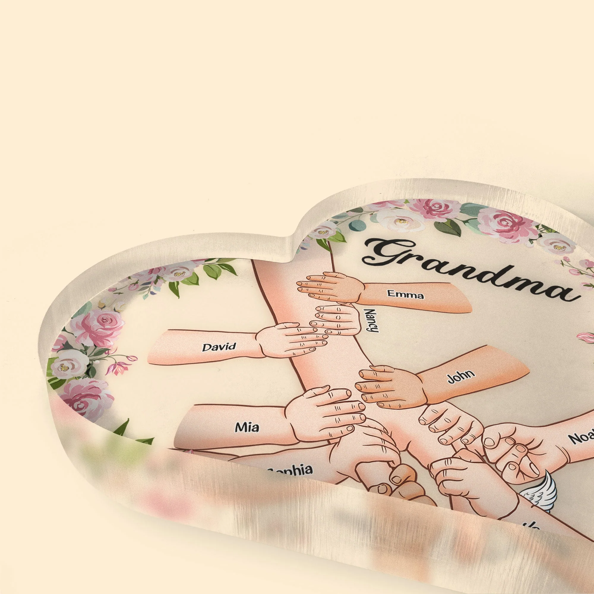 Grandma Holding Hand With Grandkids - Personalized Heart Shaped Acrylic Plaque - Image 3