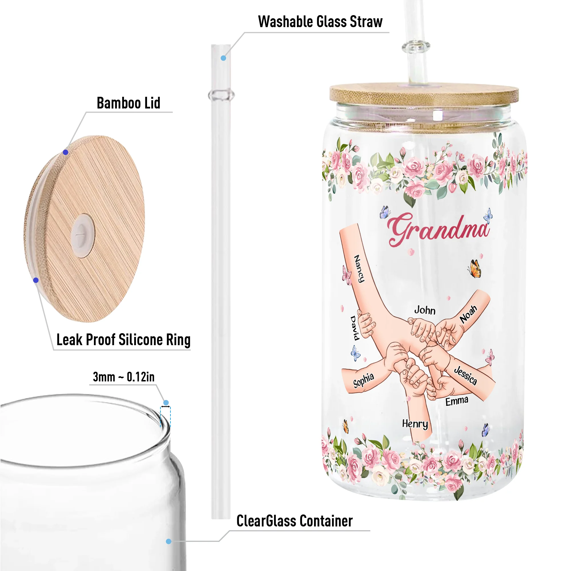 Grandma Holding Hands Custom With Kids' Names - Personalized Clear Glass Cup - Image 4