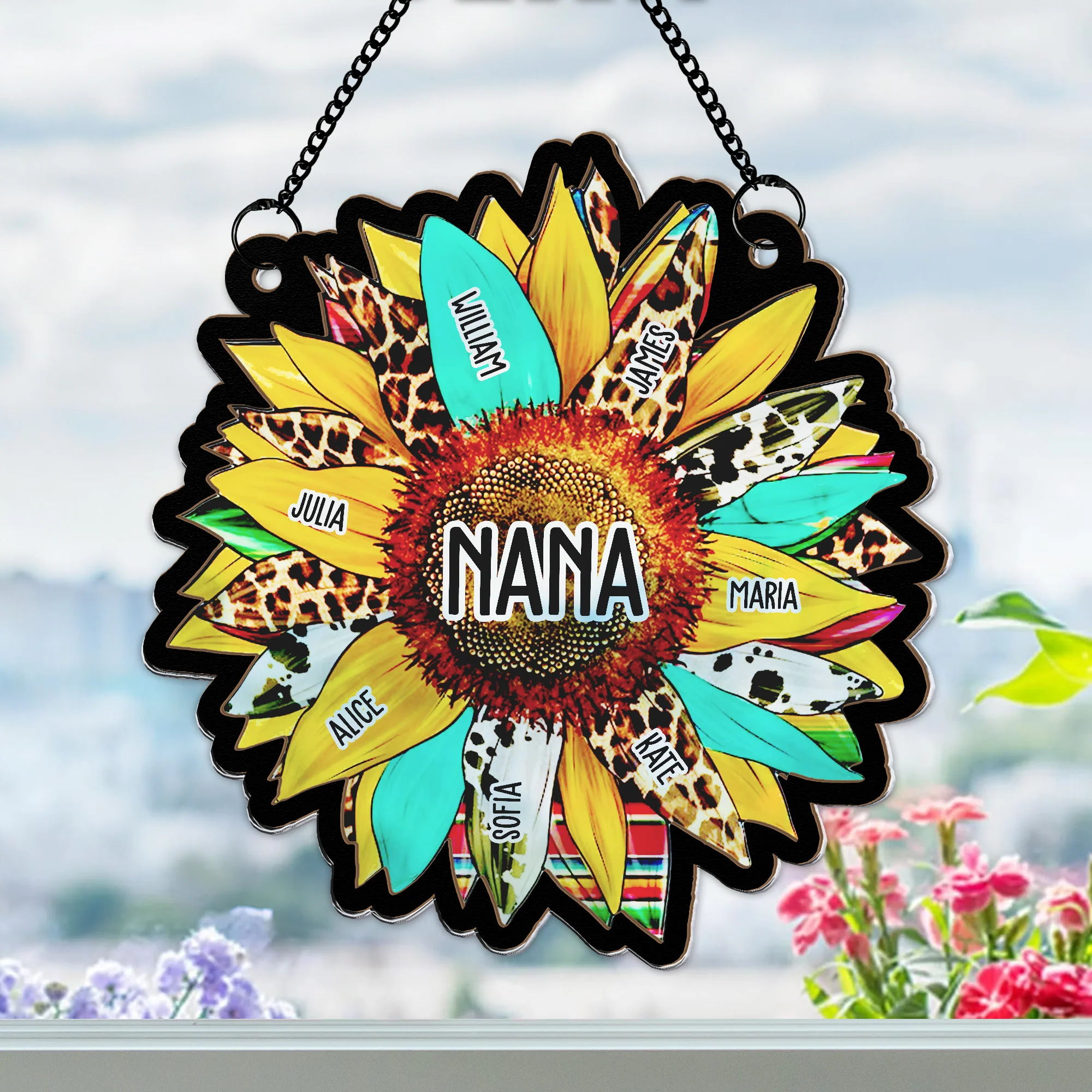 Grandma Leopard Sunflower With Kids Names - Personalized Window Hanging Suncatcher Ornament - Image 4