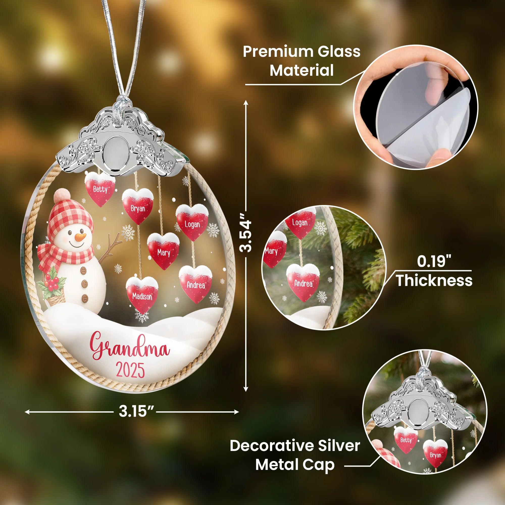 Grandma Snowman Christmas - Personalized Glass Ornament With Silver Cap - Image 2
