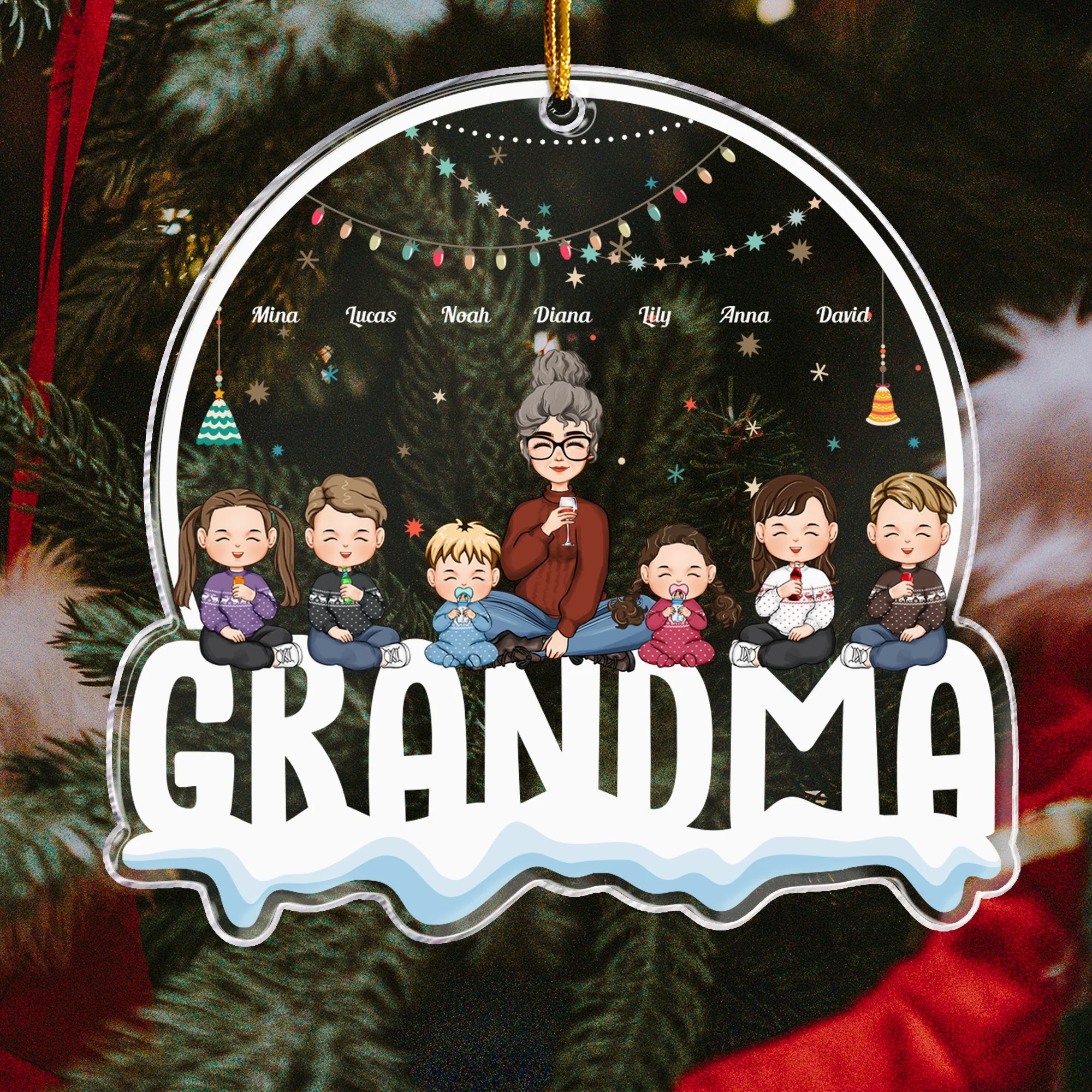 Grandma With Grandkids Custom Kids Names - Personalized Globe Shaped Acrylic Ornament - Image 2