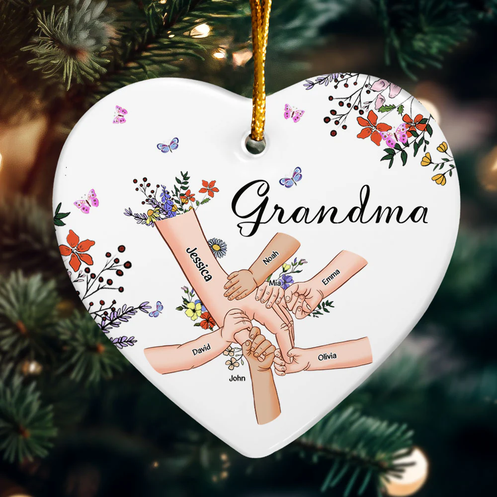 Grandma With Grandkids Holding Hand Wild Floral - Personalized Ceramic Ornament - Image 3