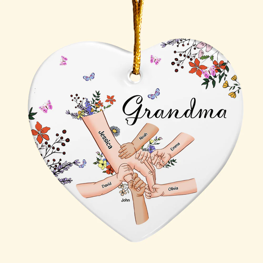 Grandma With Grandkids Holding Hand Wild Floral - Personalized Ceramic Ornament - Image 4
