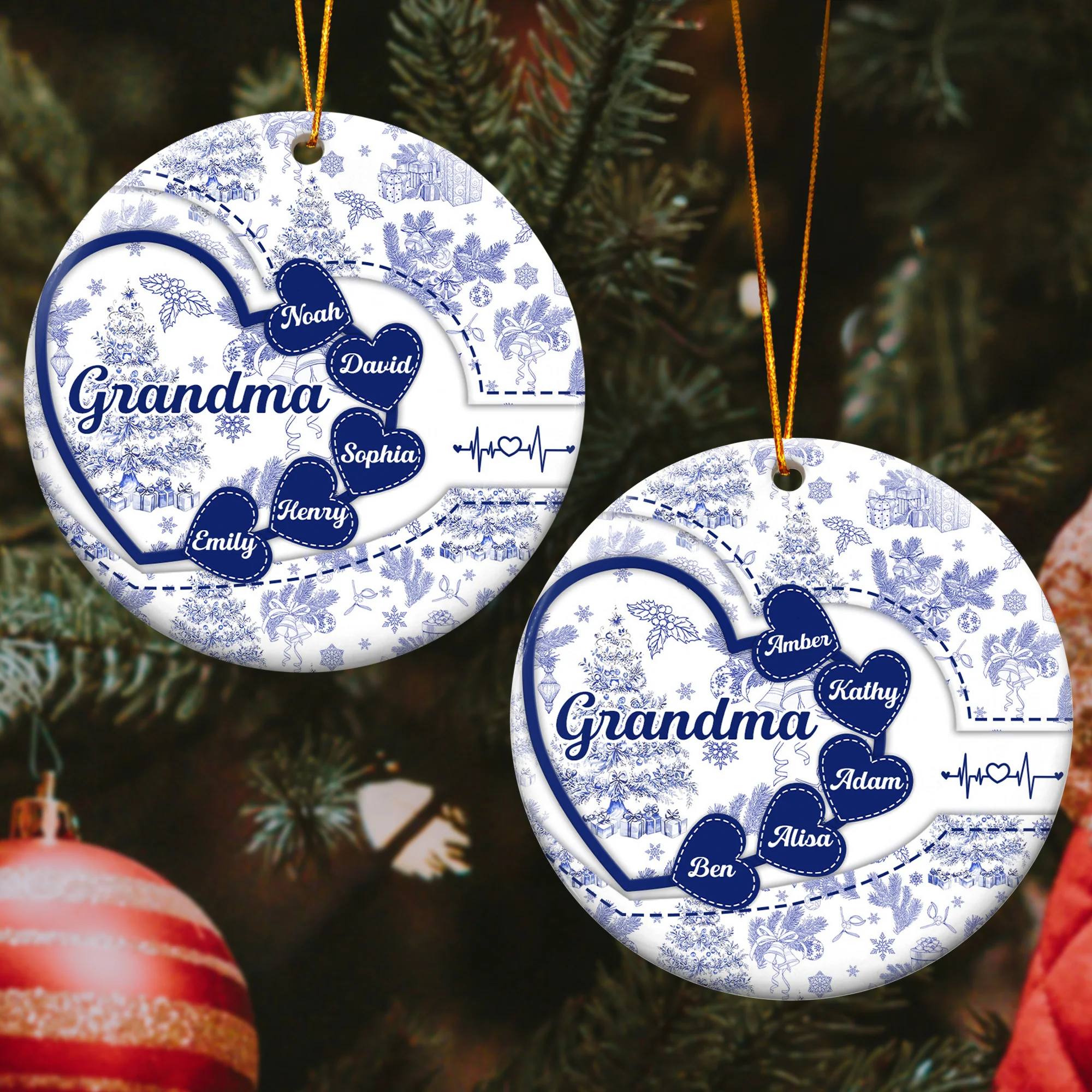 Grandma With Hearts Grandkids' Names - Toile De Jouy Style - Personalized Two-Sided Ceramic Ornament - Image 2