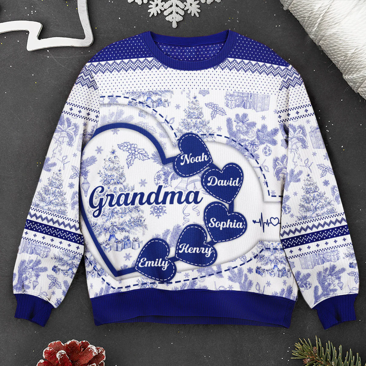 Grandma With Hearts Grandkids' Names - Toile De Jouy Style - Personalized Ugly Sweater - Image 3