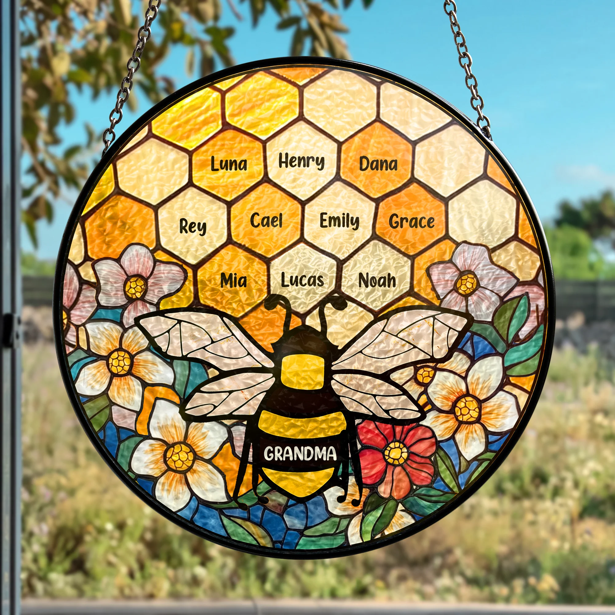 Grandma's Garden Bee - Personalized Stained Glass Window Hanging Suncatcher Ornament - Image 2