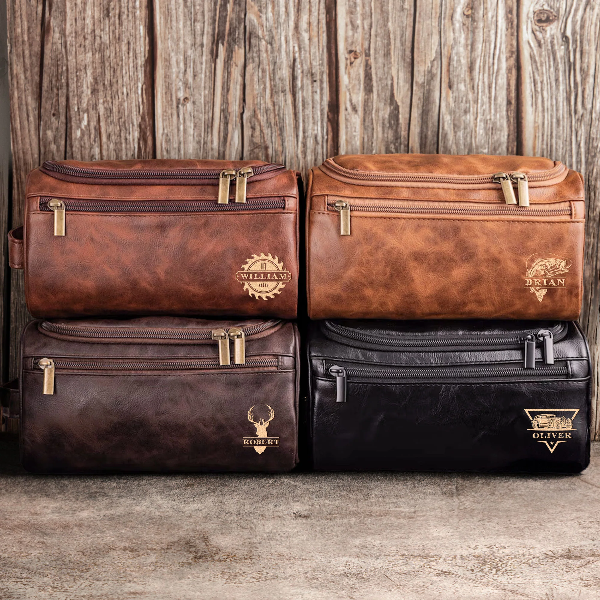 Grandpa Hobby Monogram - Personalized Leather Toiletry Bag - Image 3