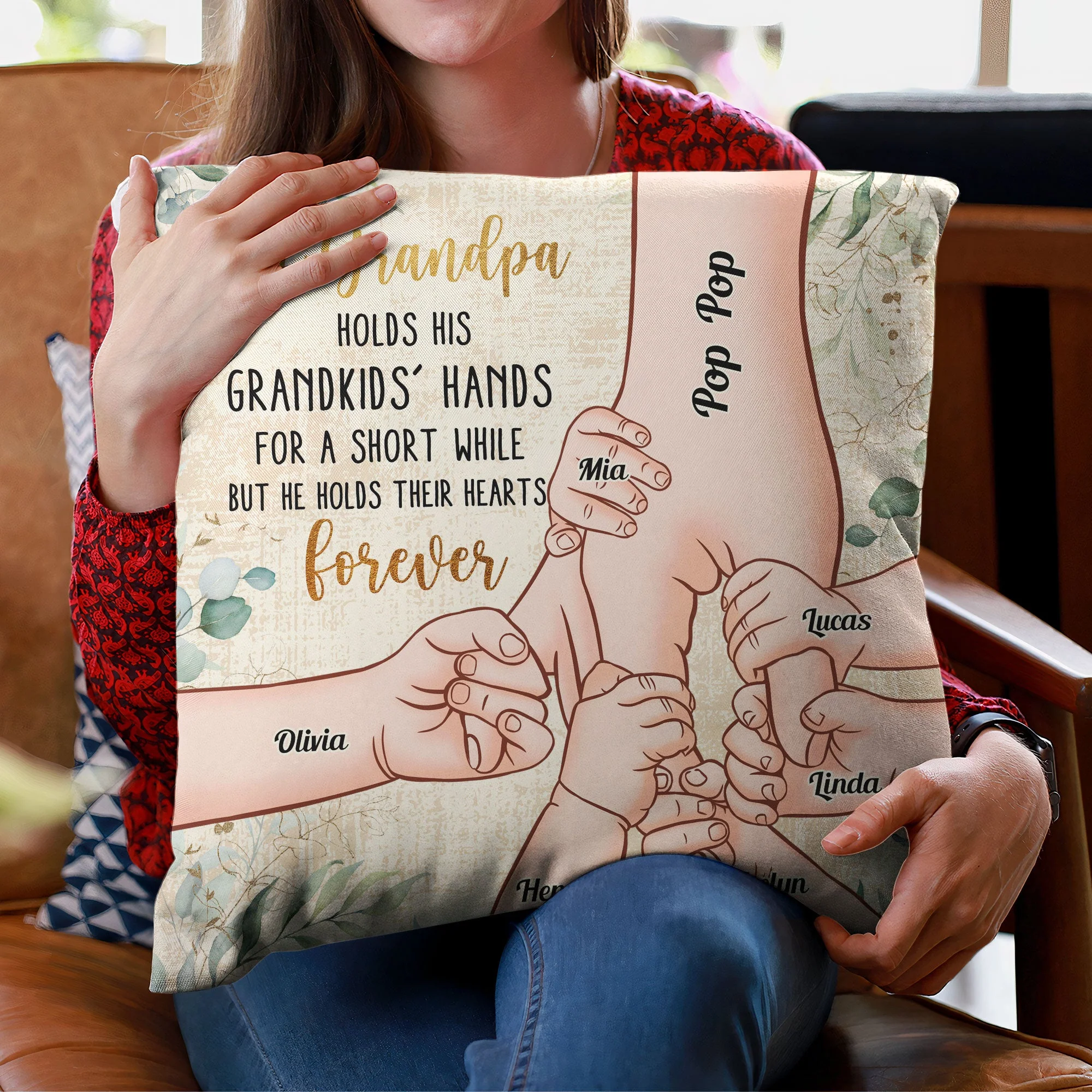 Grandpa Holds Grandkids' Hearts Forever - Personalized Pillow (Insert Included) - Image 3
