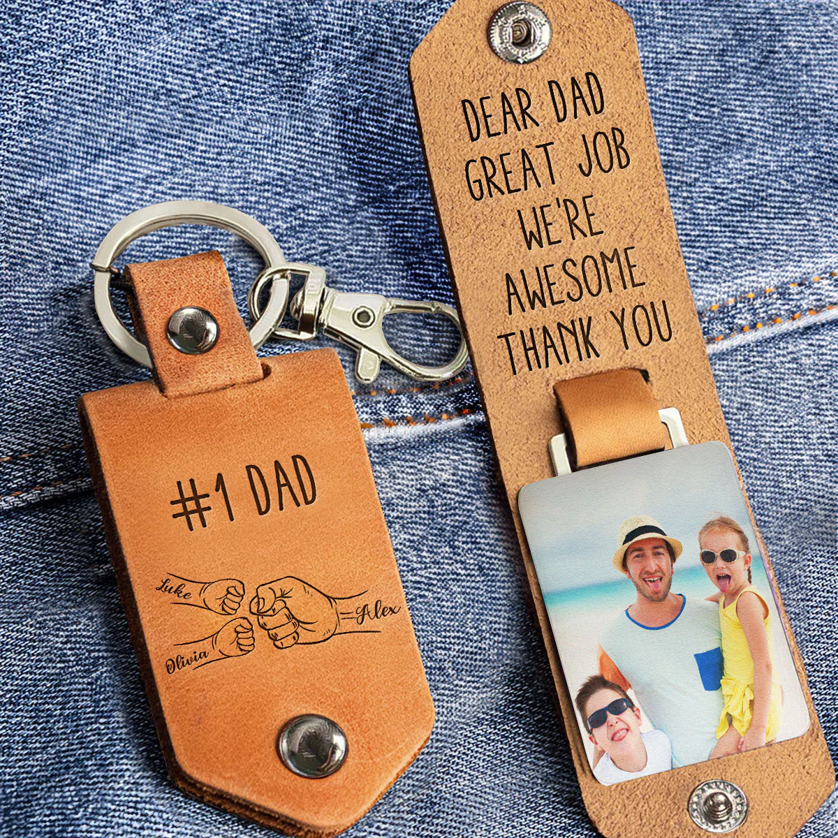 Great Job Dad We're Awesome - Personalized Leather Photo Keychain - Image 2