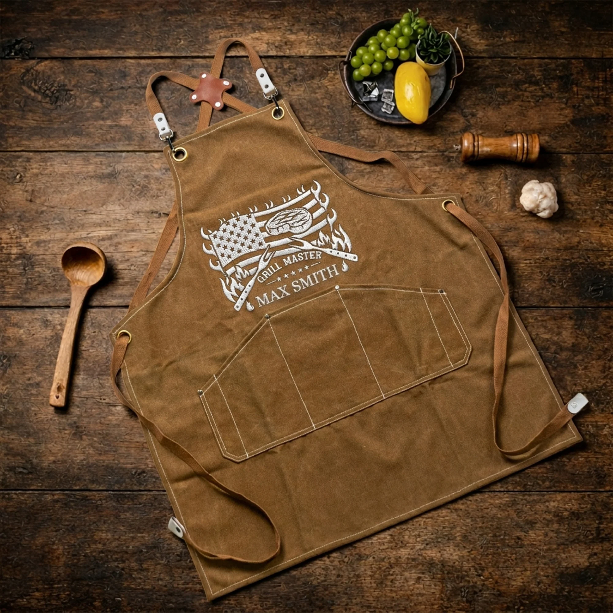 Grill Master, King Of BBQ - Custom Vintage Name For Him, Husband, Dad, Papa - Personalized Embroidered Apron - Image 2