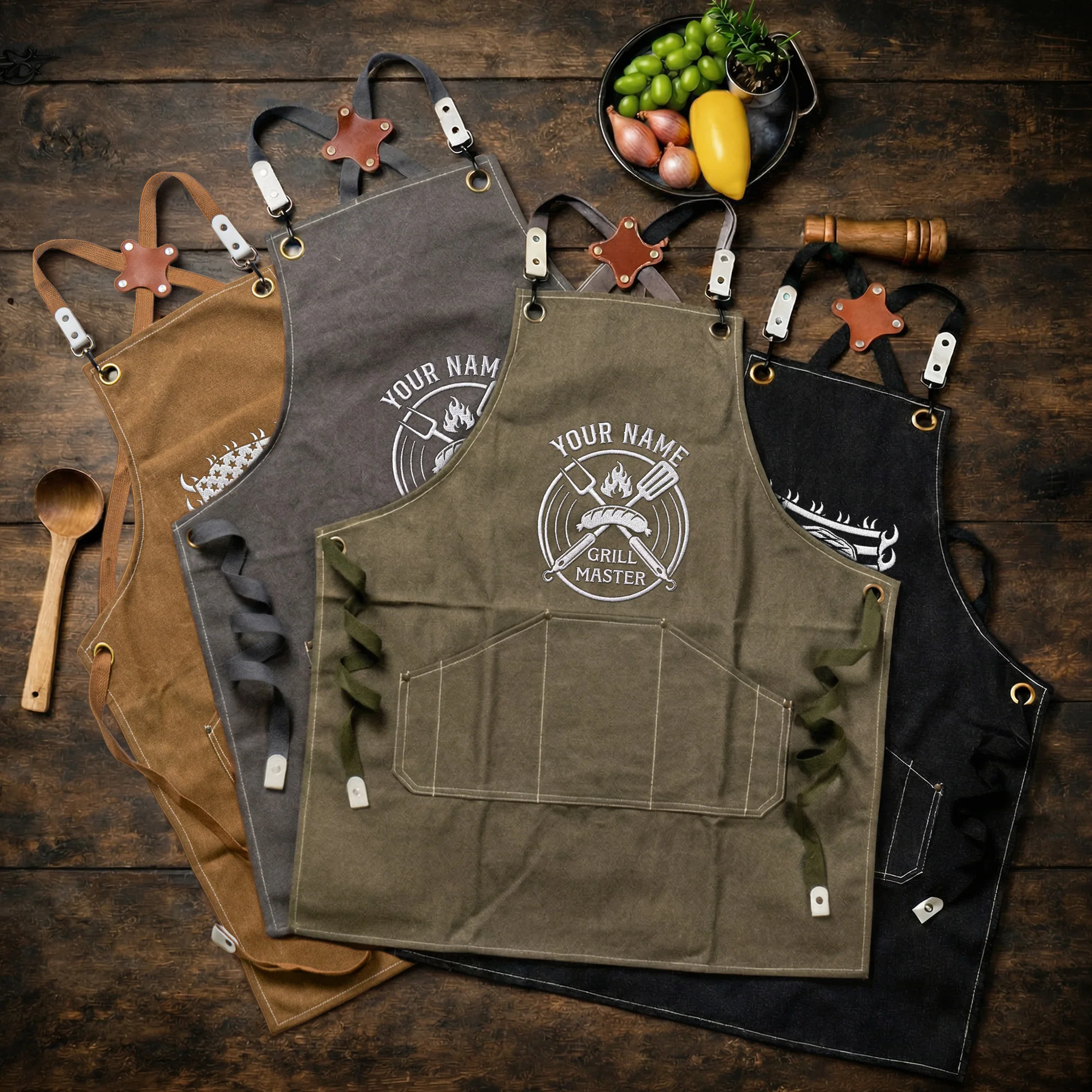 Grill Master, King Of BBQ - Custom Vintage Name For Him, Husband, Dad, Papa - Personalized Embroidered Apron - Image 3