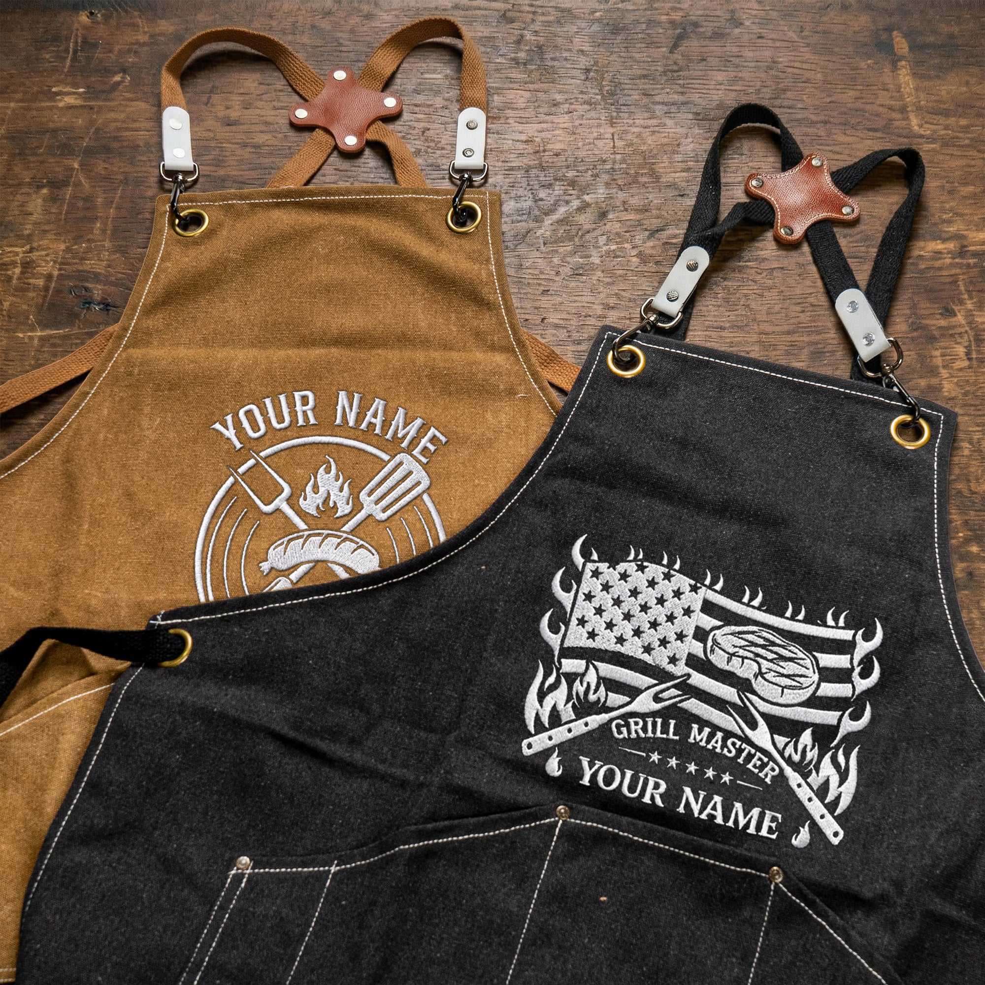 Grill Master, King Of BBQ - Custom Vintage Name For Him, Husband, Dad, Papa - Personalized Embroidered Apron - Image 4