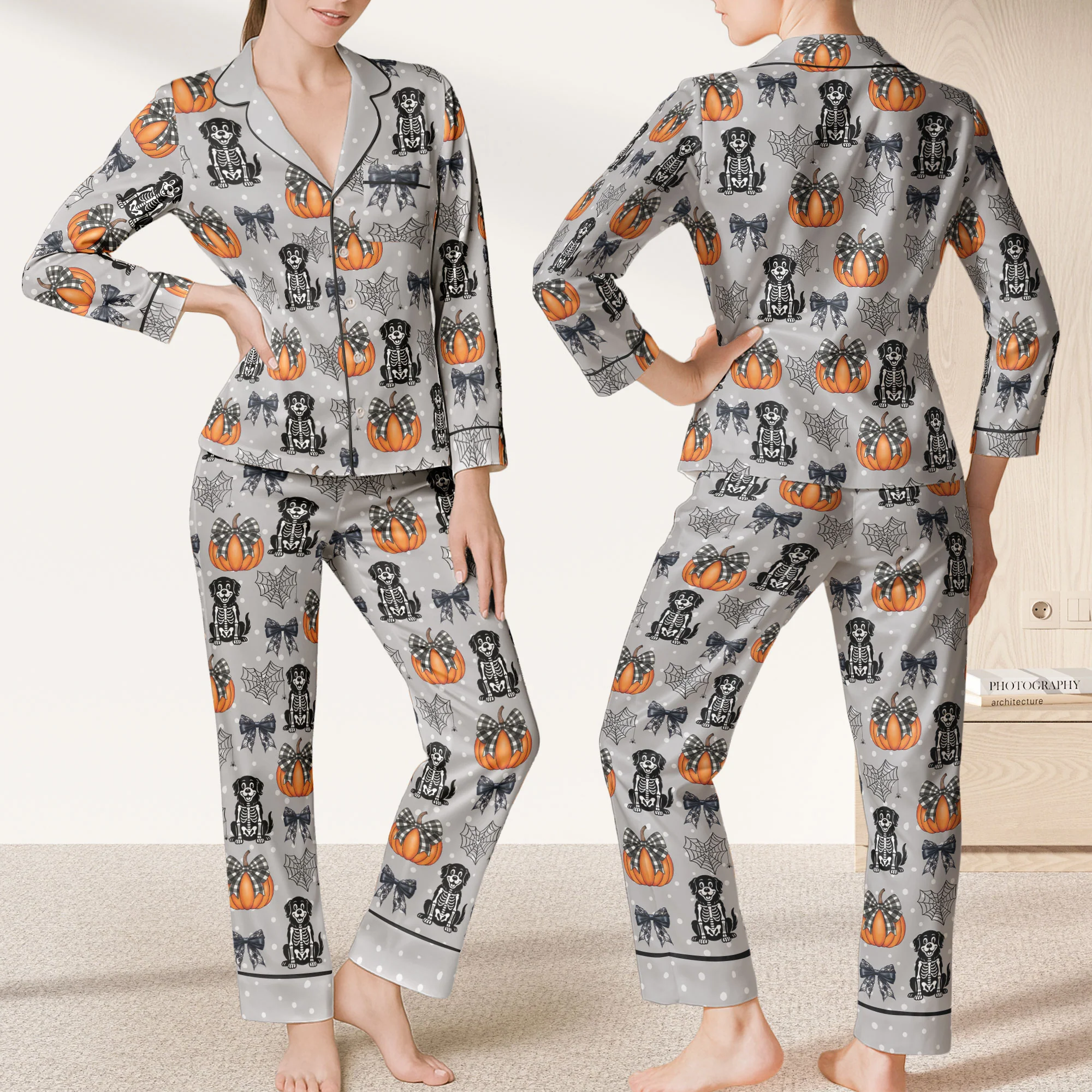 Halloween Pet Pumpkins Spiderwebs Coquette Bows - Personalized Satin Pajama Set - Image 2