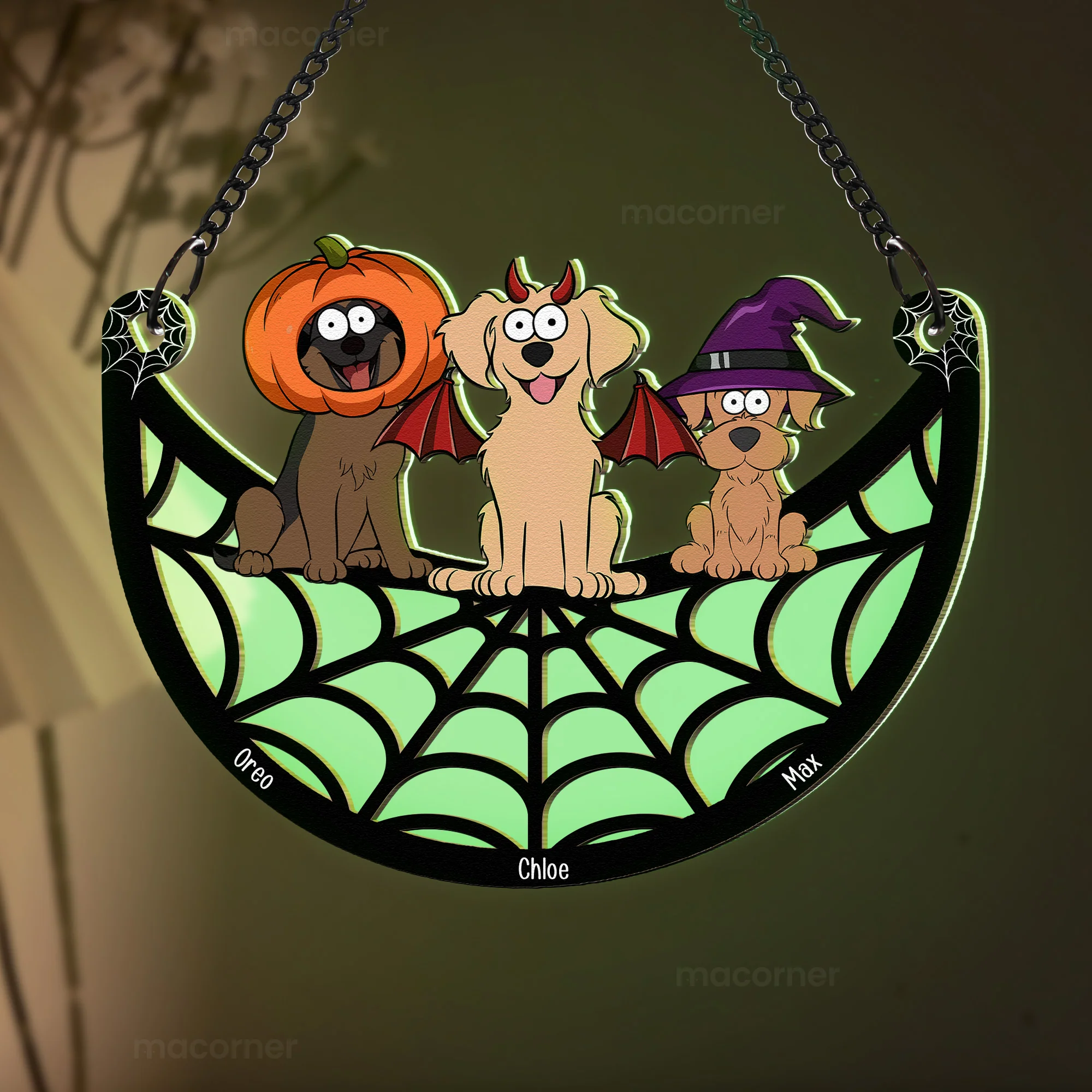 Halloween With Dogs Cats Babies - Personalized Window Hanging Luminous Ornament - Image 4
