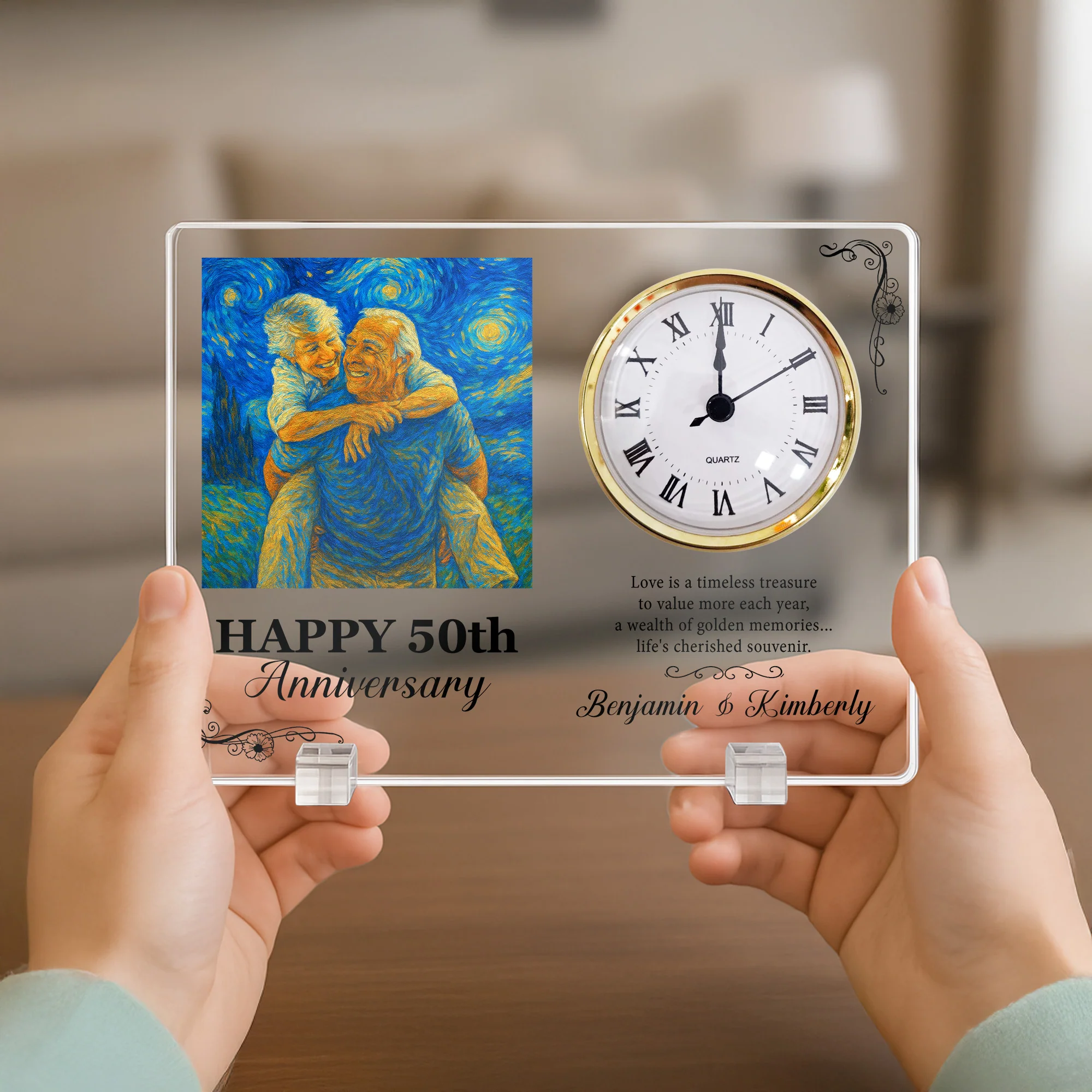 Happy Anniversary Love Is A Timeless Treasure Van Gogh Art - Personalized Acrylic Photo Desk Clock - Image 4