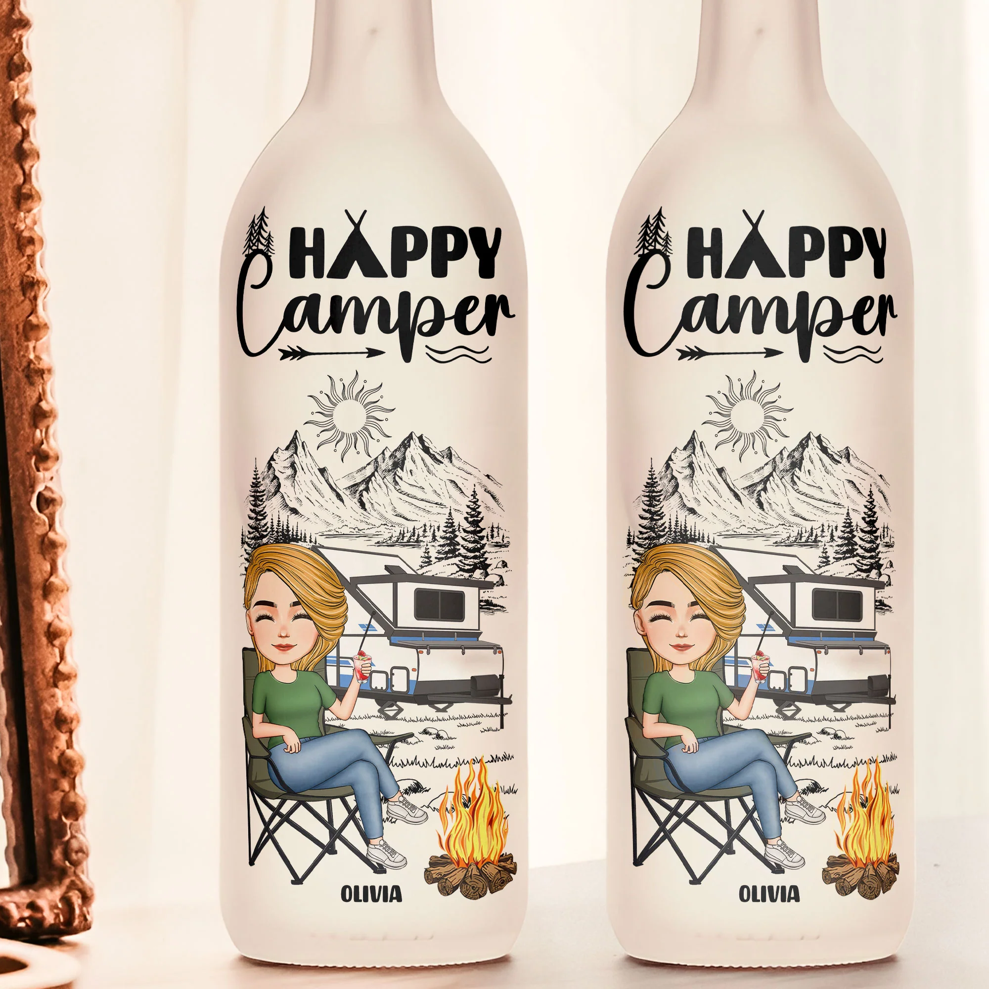 Happy Camper Gift For Camping Lover - Personalized Bottle Lamp - Image 2