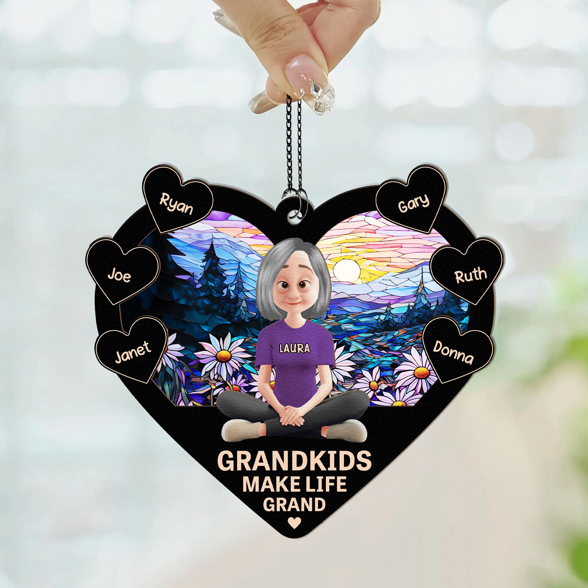 Happy Grandma And Her Kids - Personalized Window Hanging Suncatcher Ornament - Image 2