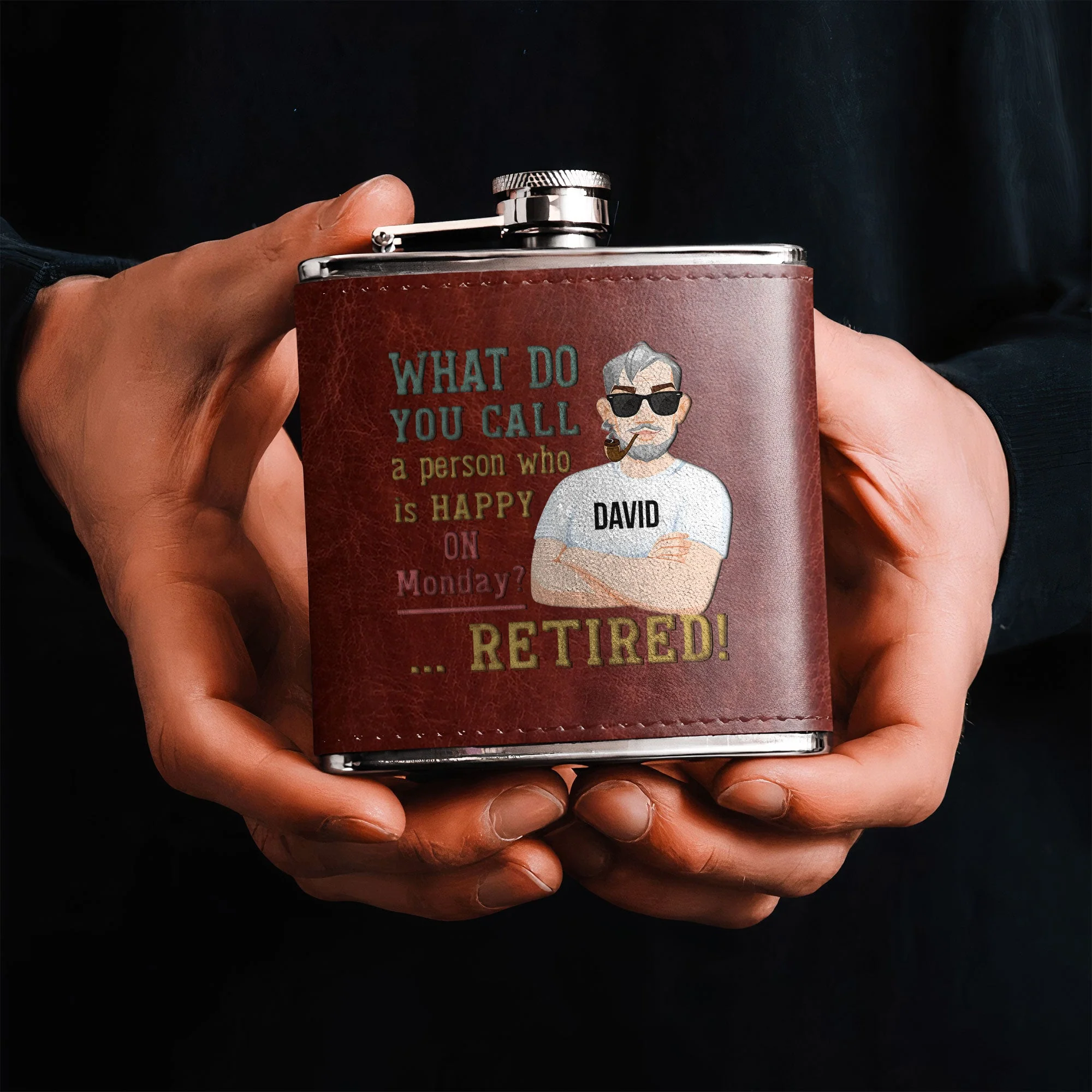 Happy Person On Monday - Personalized Leather Flask - Image 2