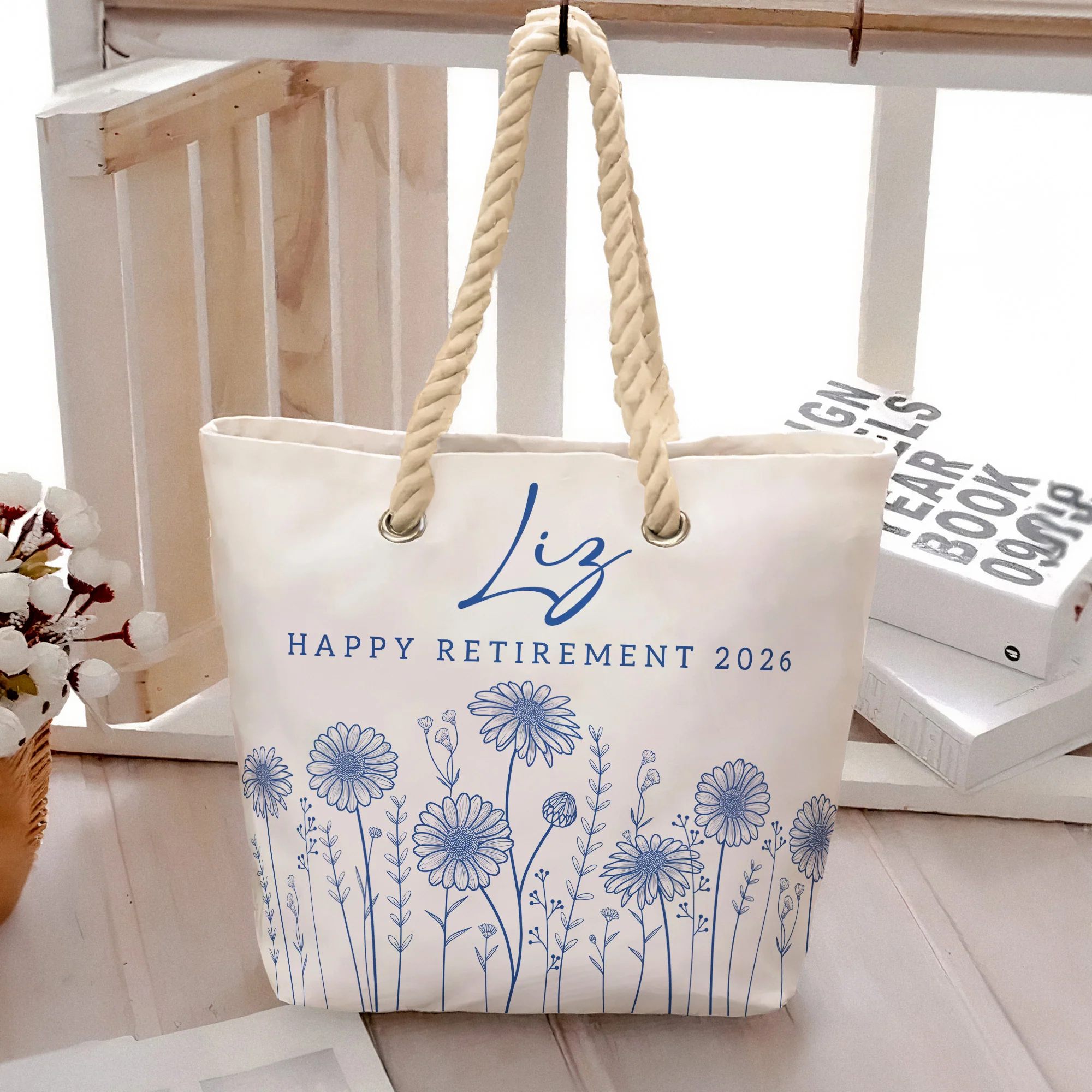 Happy Retirement Custom Birth Flower & Name - Personalized Beach Bag - Image 5