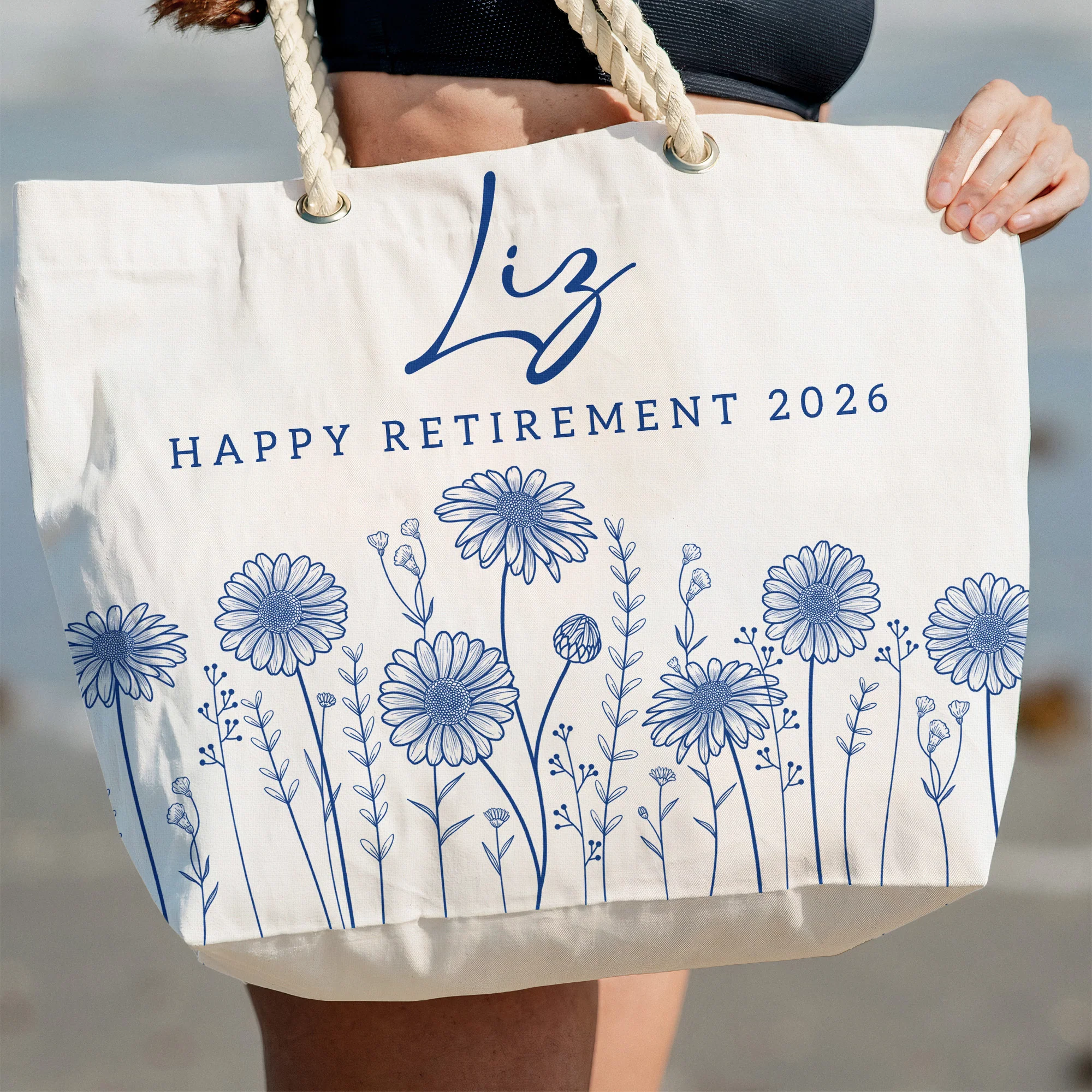 Happy Retirement Custom Birth Flower & Name - Personalized Beach Bag - Image 6