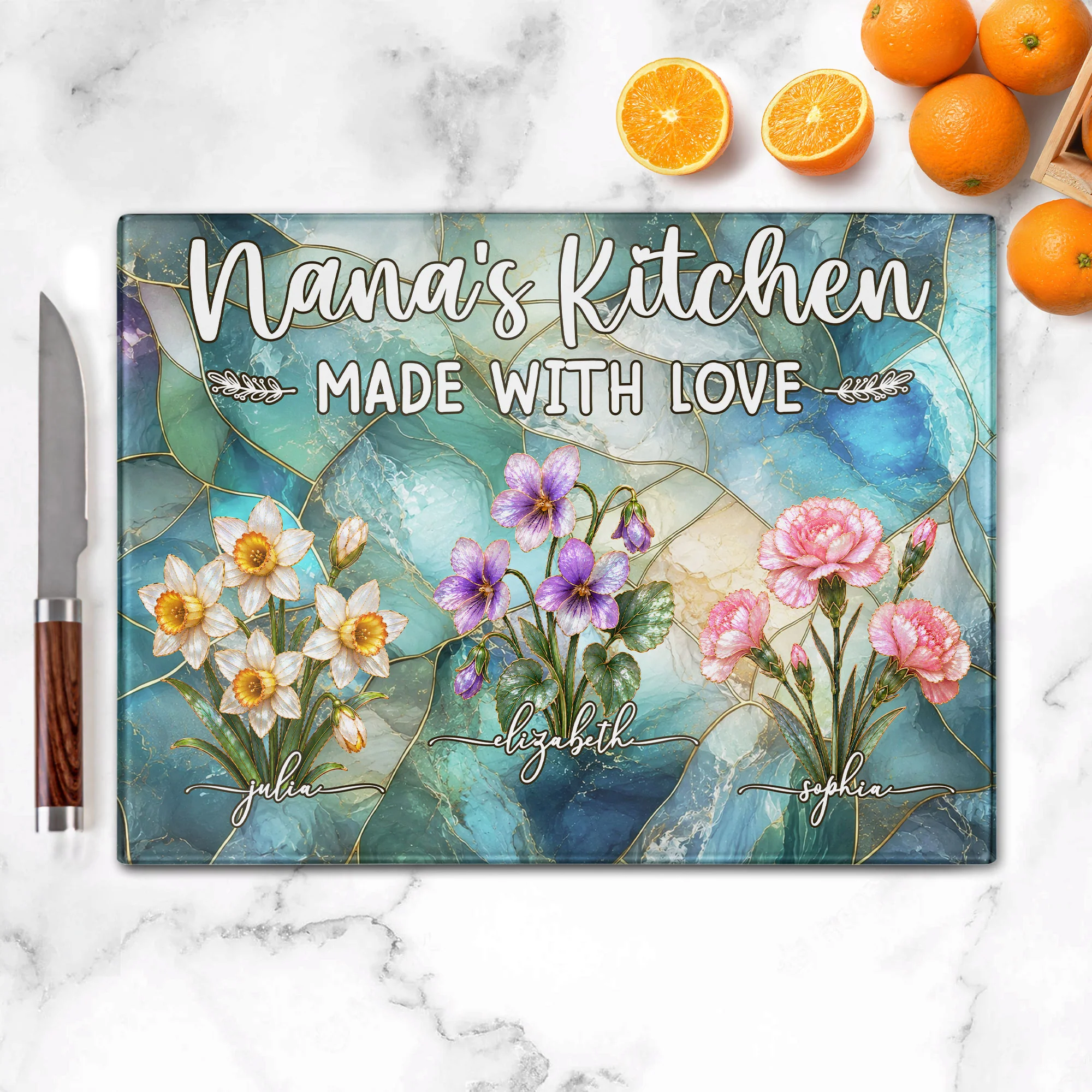 Her Kitchen Made With Love Mother Of Pearl Birth Flower - Personalized Cutting Board