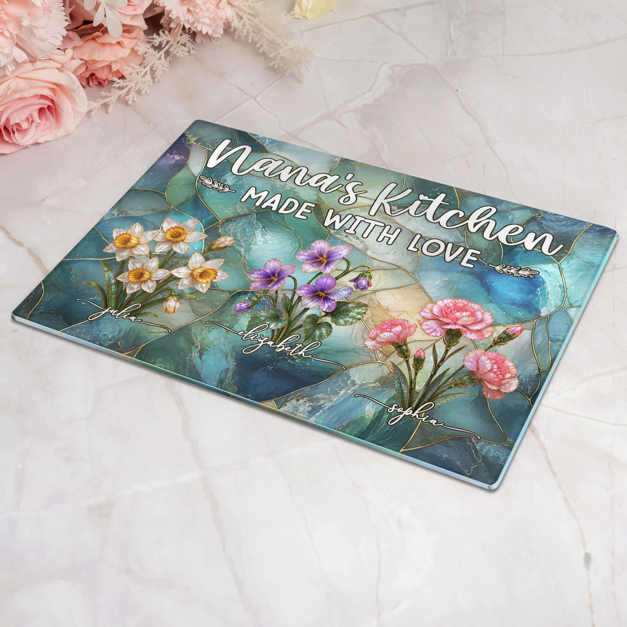 Her Kitchen Made With Love Mother Of Pearl Birth Flower - Personalized Cutting Board - Image 2