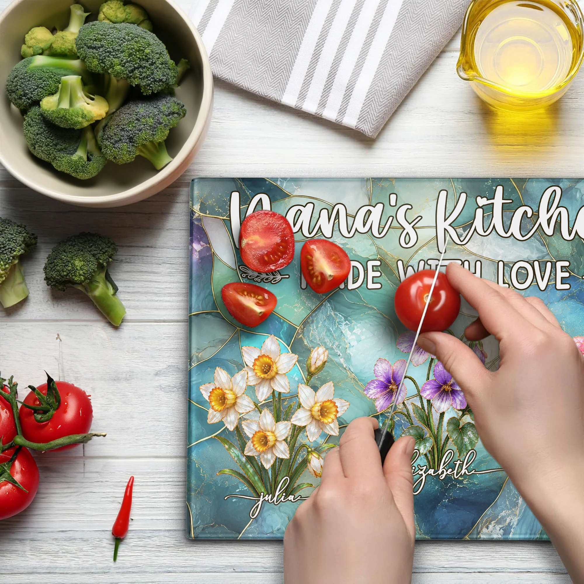 Her Kitchen Made With Love Mother Of Pearl Birth Flower - Personalized Cutting Board - Image 3