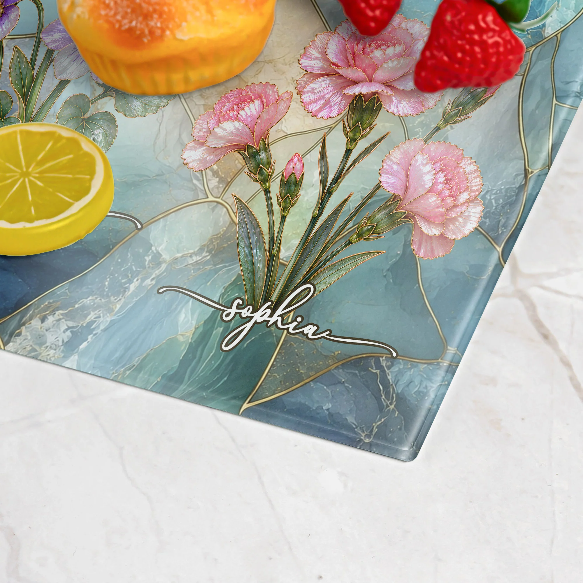 Her Kitchen Made With Love Mother Of Pearl Birth Flower - Personalized Cutting Board - Image 5